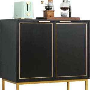 Yoleny 31'' Buffet Cabinet with Storage, Accent Cabinet with 2 Doors, Gold Trim and Golden Legs, Wooden Sideboard with Adjustable Shelf and Feet for Bedroom, Living Room, Kitchen, Hallway, Black