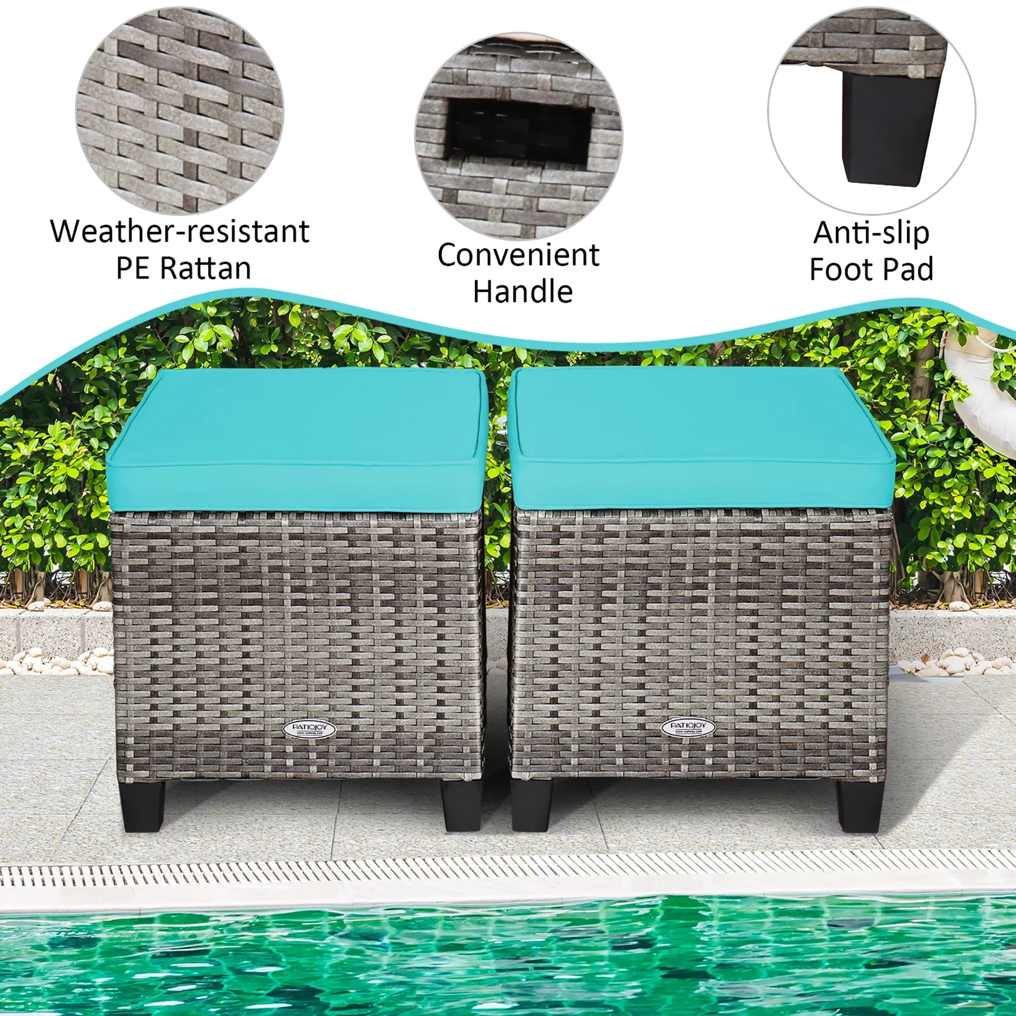 Costway 2PCS Patio Rattan Cushioned Ottoman Seat Foot Rest TableTurquoise - Image 12