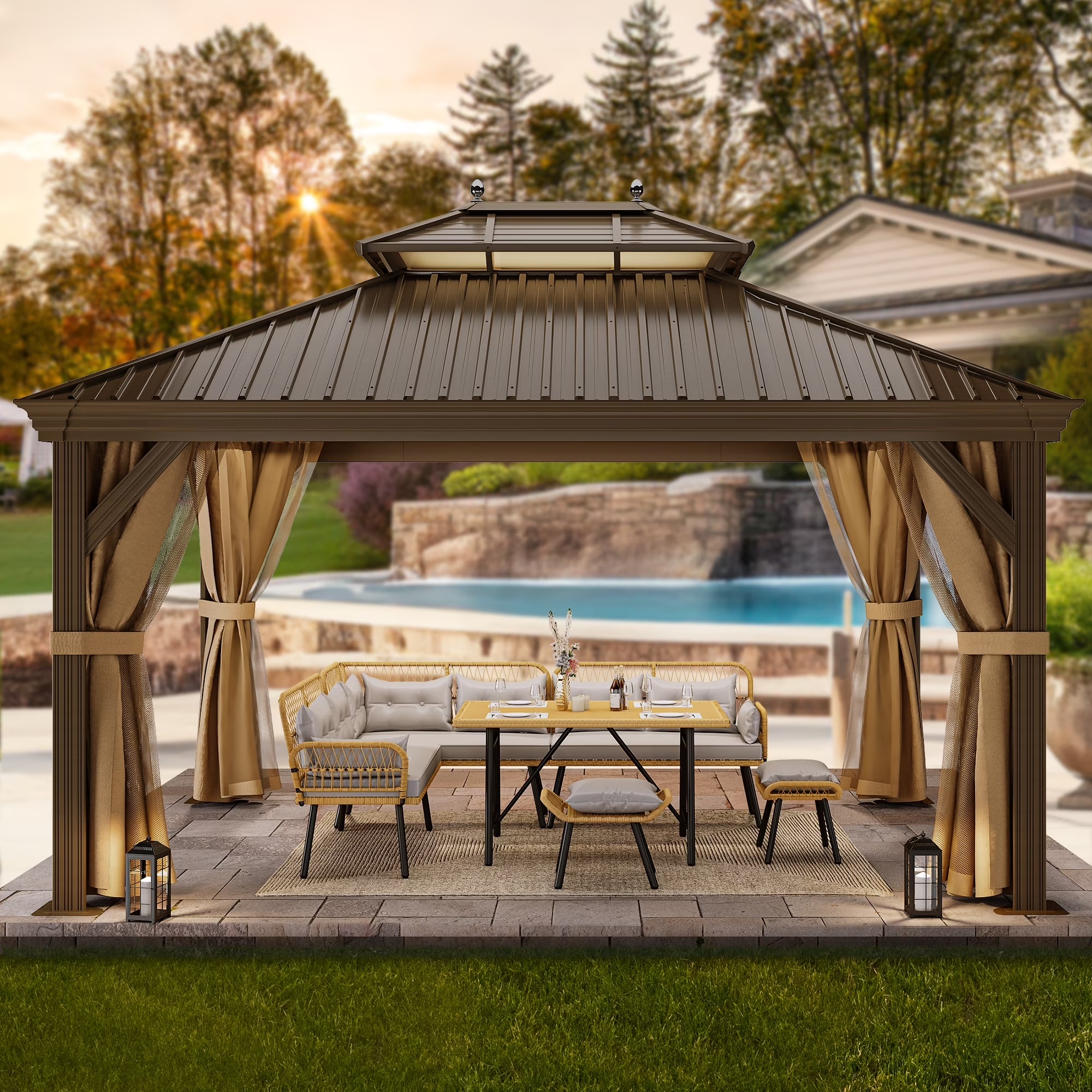 Dextrus 10x12ft Double Roof Hardtop Gazebo with Netting&Curtains, Double Galvanized Iron Aluminum Frame Outdoor White Gazebo,Ideal for Patio, Backyard,Deck and Lawns,Grey Curtain - Image 5