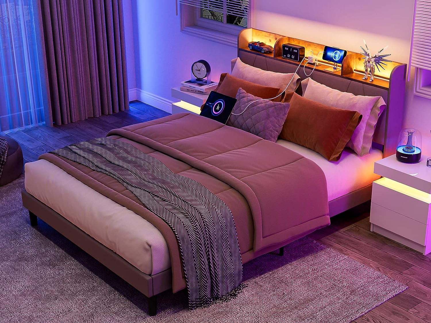 IKIFLY Queen Bed Frame with Charging Station & Storage Shelf Headboard, Upholstered LED Bed Frame with 2 Outlets and 2 USB Ports-? Type C-? Solid Wood Slats, No Box Spring Needed - Light Brown - Image 4