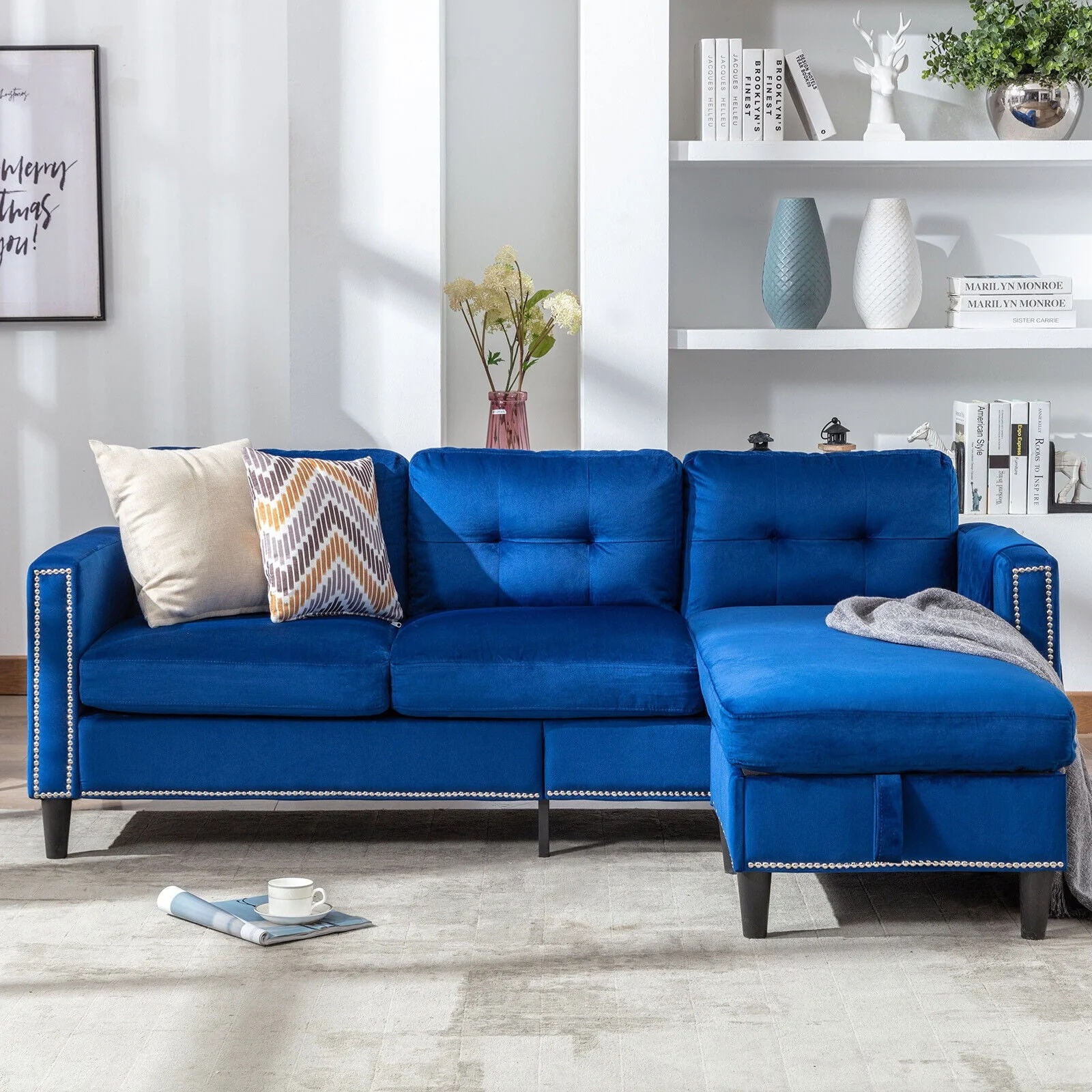 COSVALVE 78" Blue Sectional Couch Velvet Combination L Shaped Sofa with Removal Ottoman, USB, Pocket Storage - Image 2