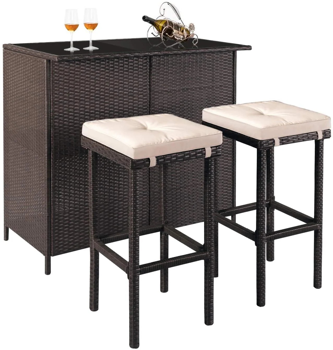 SOLAURA 3PCS Patio Outdoor Wicker Bar Set with Two Bar Stools and Glass-Top Table - Brown - Image 3