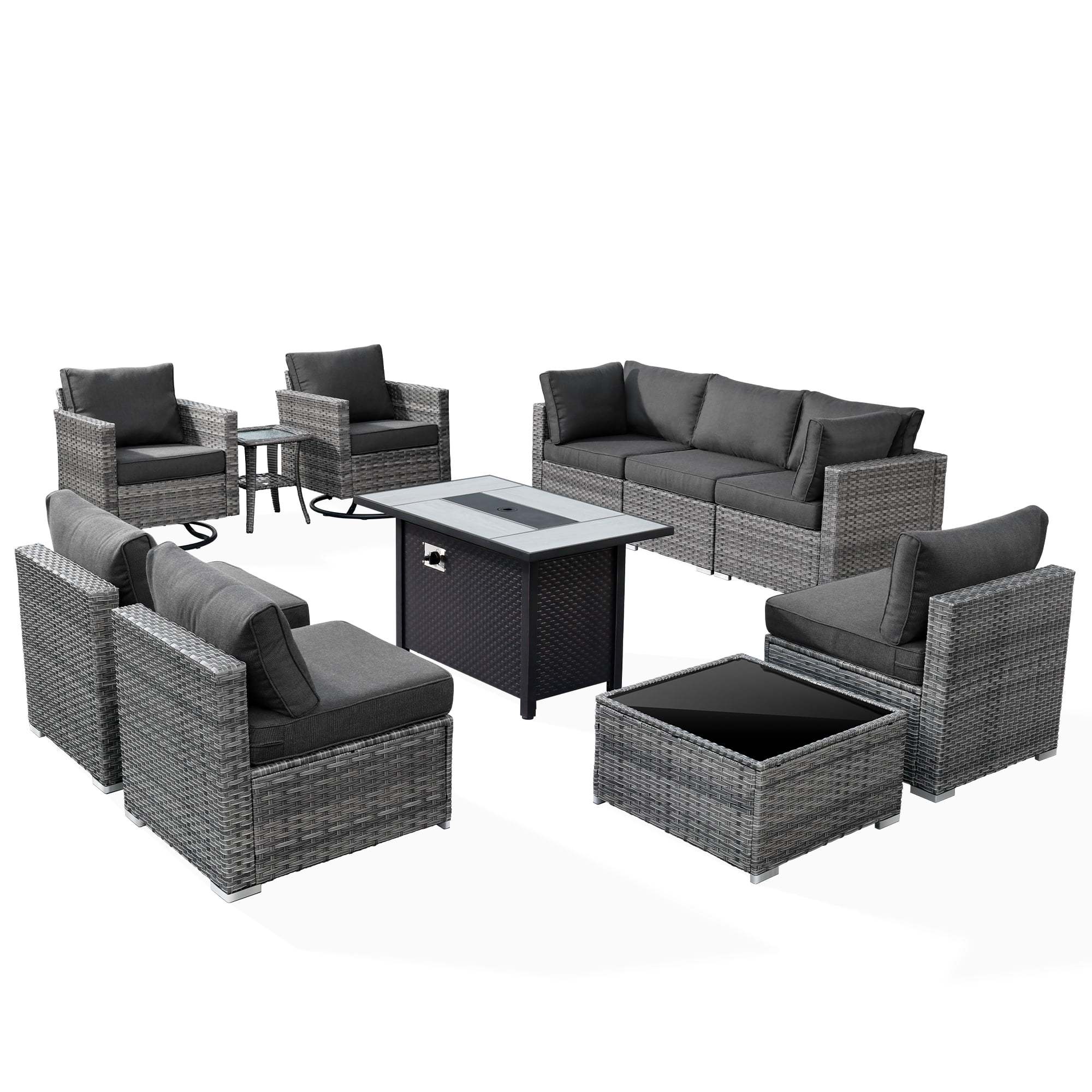 Ovios 11 Pieces Patio Fire Pit Set Outdoor Wicker Sectional Sofa Conversation Set with Swivel Rocking Chairs and Side Table,Dark Gray - Image 27