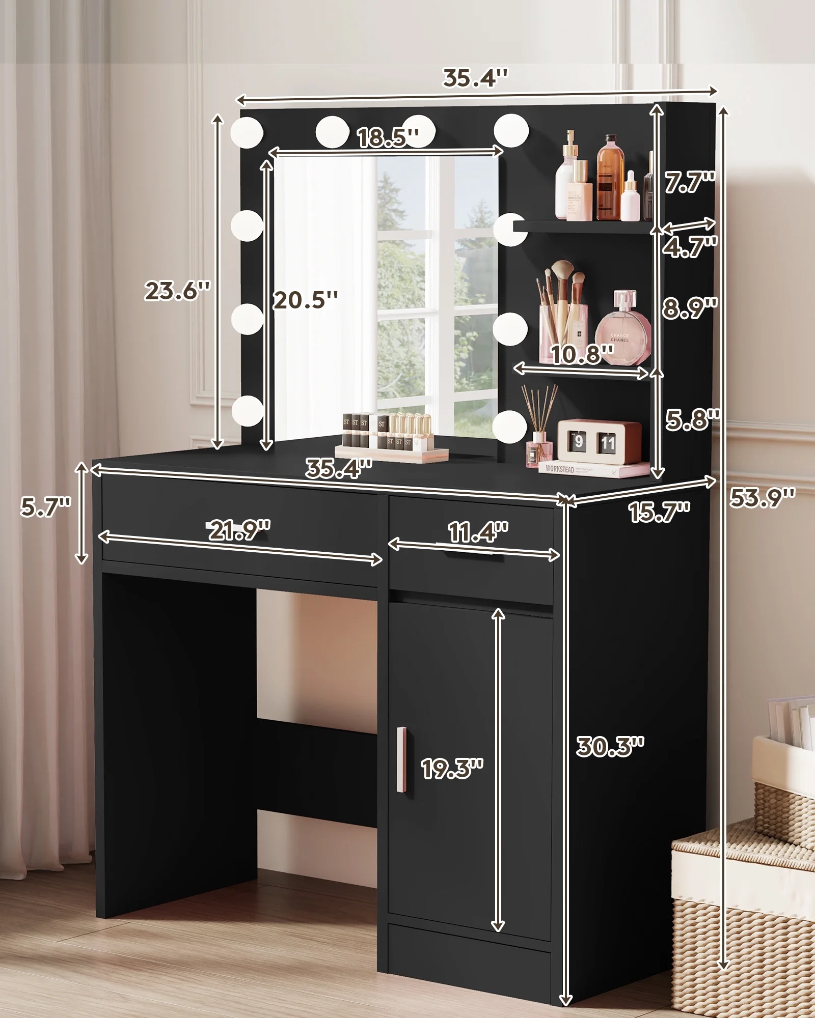 LIVELYGLOW Vanity Desk with Mirror and Lights, Makeup Vanity with Drawer & Storage Shelves, Cabinet, 3 Lighting Modes Adjustable Brightness,White - Image 51