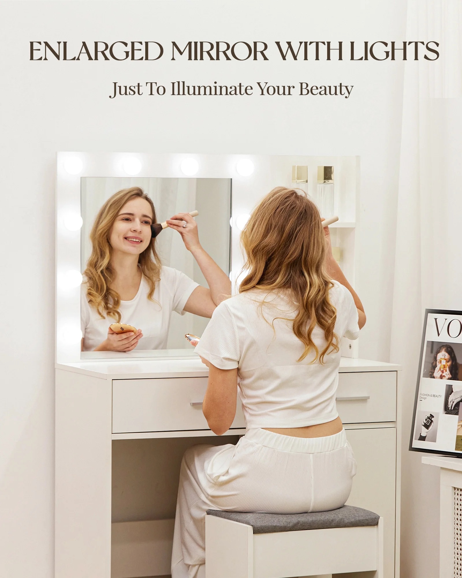 LIVELYGLOW Vanity Desk with Mirror and Lights, Makeup Vanity with Drawer & Storage Shelves, Cabinet, 3 Lighting Modes Adjustable Brightness,White - Image 12