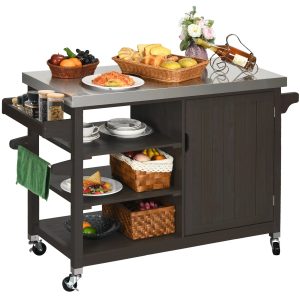 Dextrus Grill Carts Outdoor With Storage Cabinet and Wheels, Solid Wood Movable Dining Cart Table,with Stainless Steel Top, Spice Rack, and Side Handle, Kitchen Island with Storage or Bar Cart, Brown