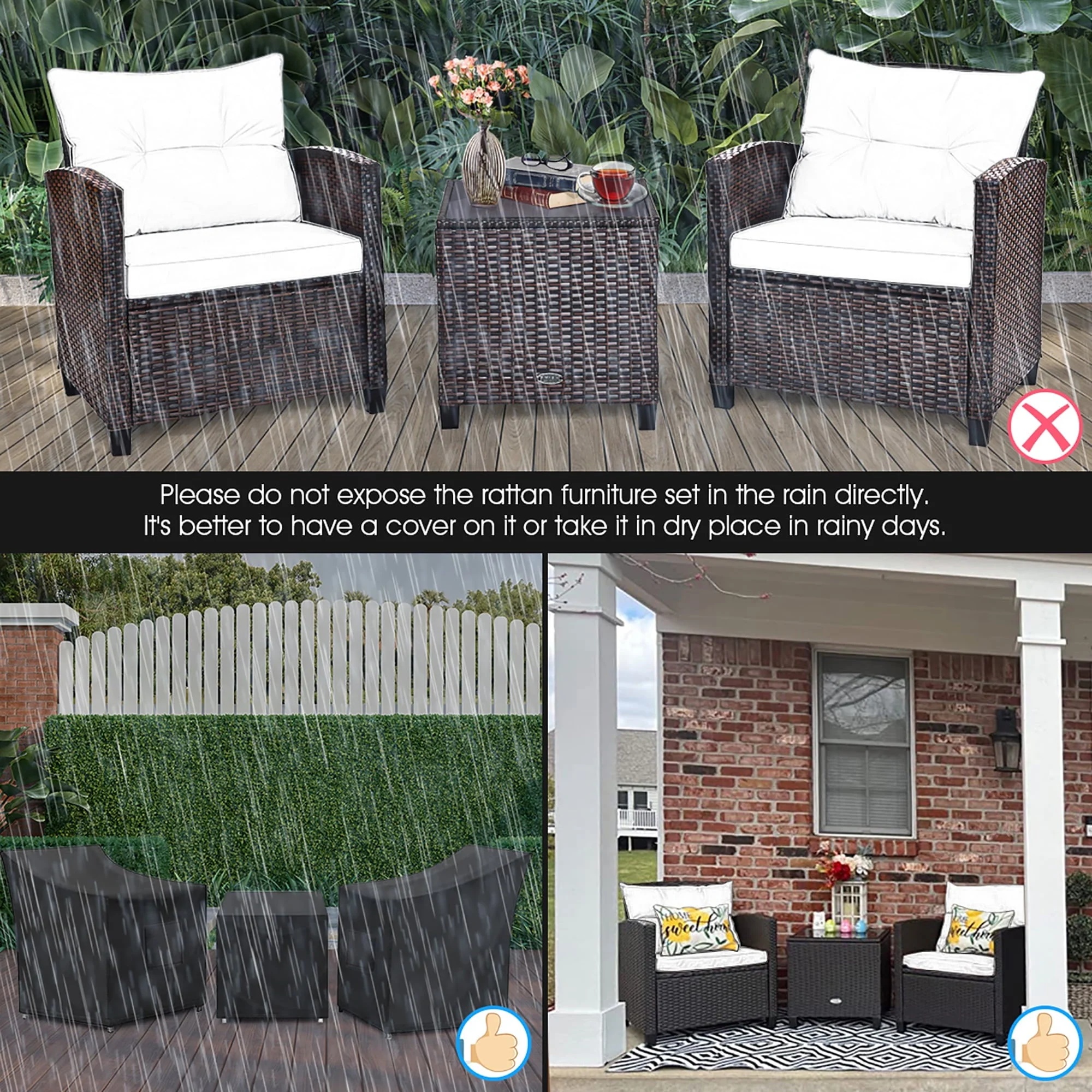 Costway 3PCS Patio Rattan Furniture Set Cushioned Conversation Set Sofa Coffee Table Red - Image 12