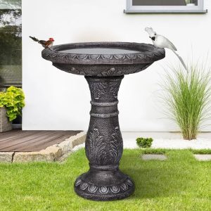24.4 Inch Height Outdoor Bird Bath - Fibre Reinforced Concrete Large Bird Bath Stylish with Modern Pedestal for Garden, Patio, Lawn, Backyard