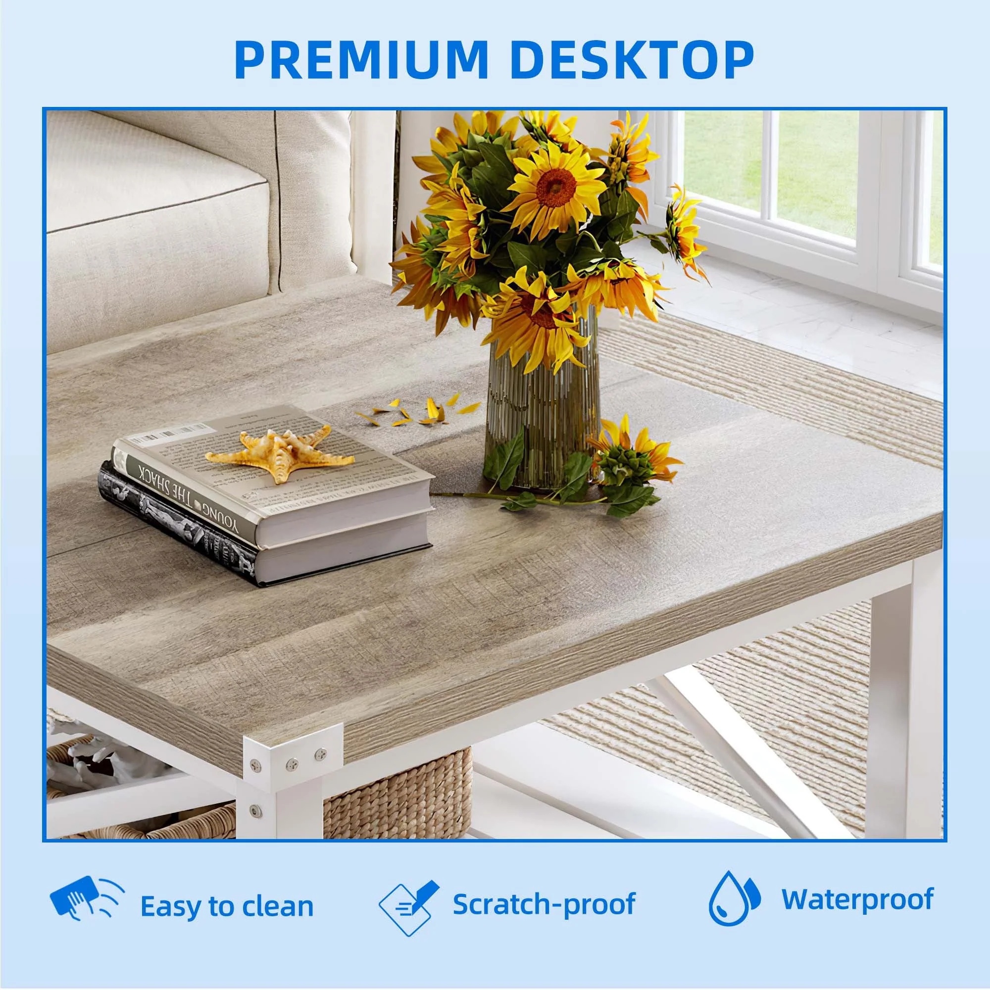 Dextrus Farmhouse Coffee Table Square Wood Center Table End Table with Open Storage Shelf for Living Room, Gray Wash - Image 6
