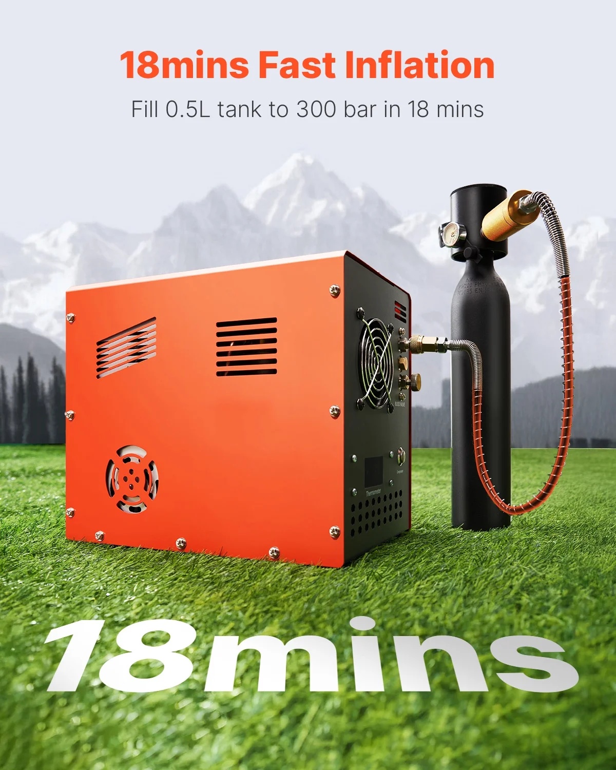 KFFKFF PCP Air Compressor, 4500PSI/30Mpa PCP Airgun Compressor with Integrated Converter & Fan Cooling Mechanism, Automatic Shut-off DC12V/AC120V Compact Paintball Tank Compressor - Image 2