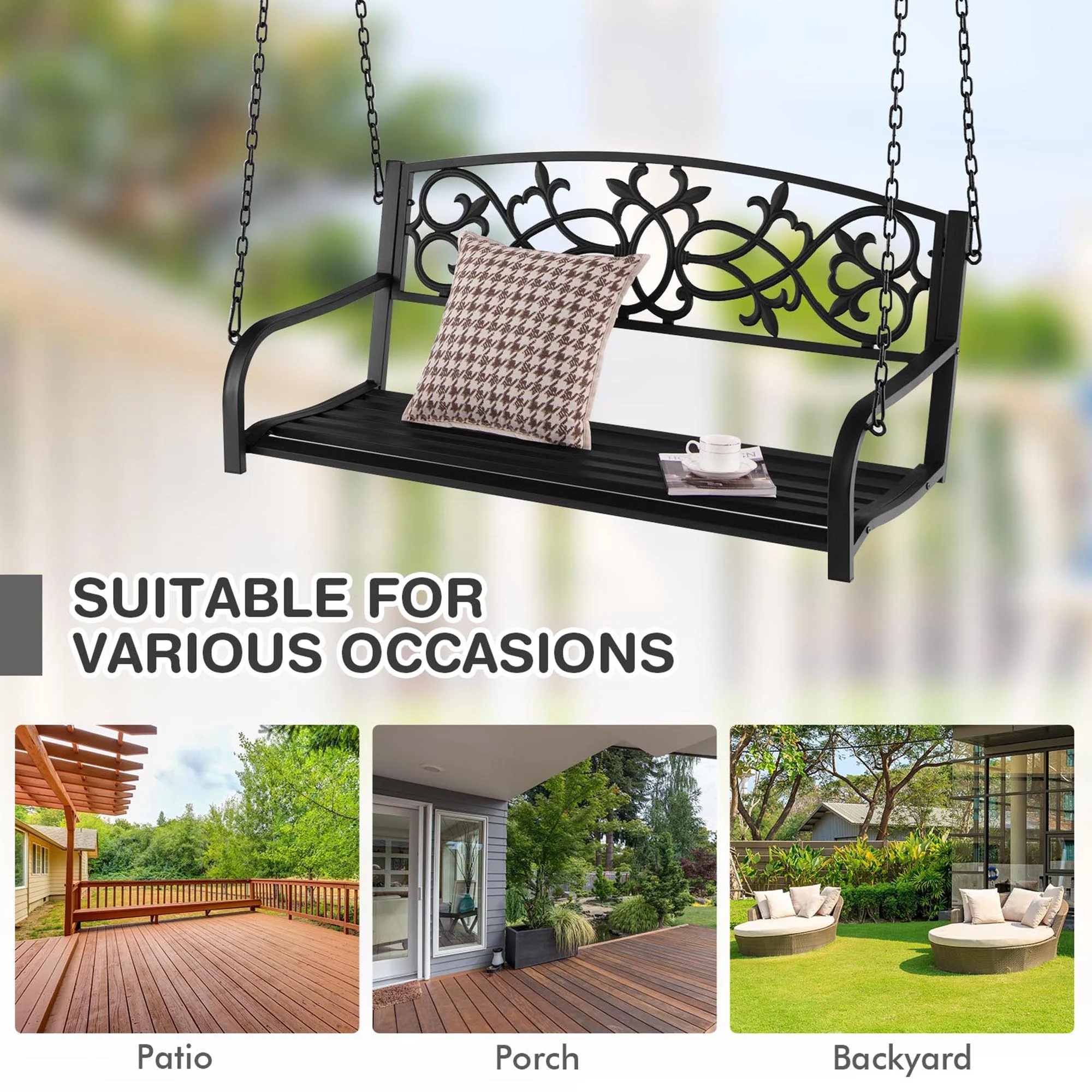 Gymax Patio Hanging Porch Swing 2-Person Outdoor Metal Swing Bench Chair w/ Chains Brown - Image 15