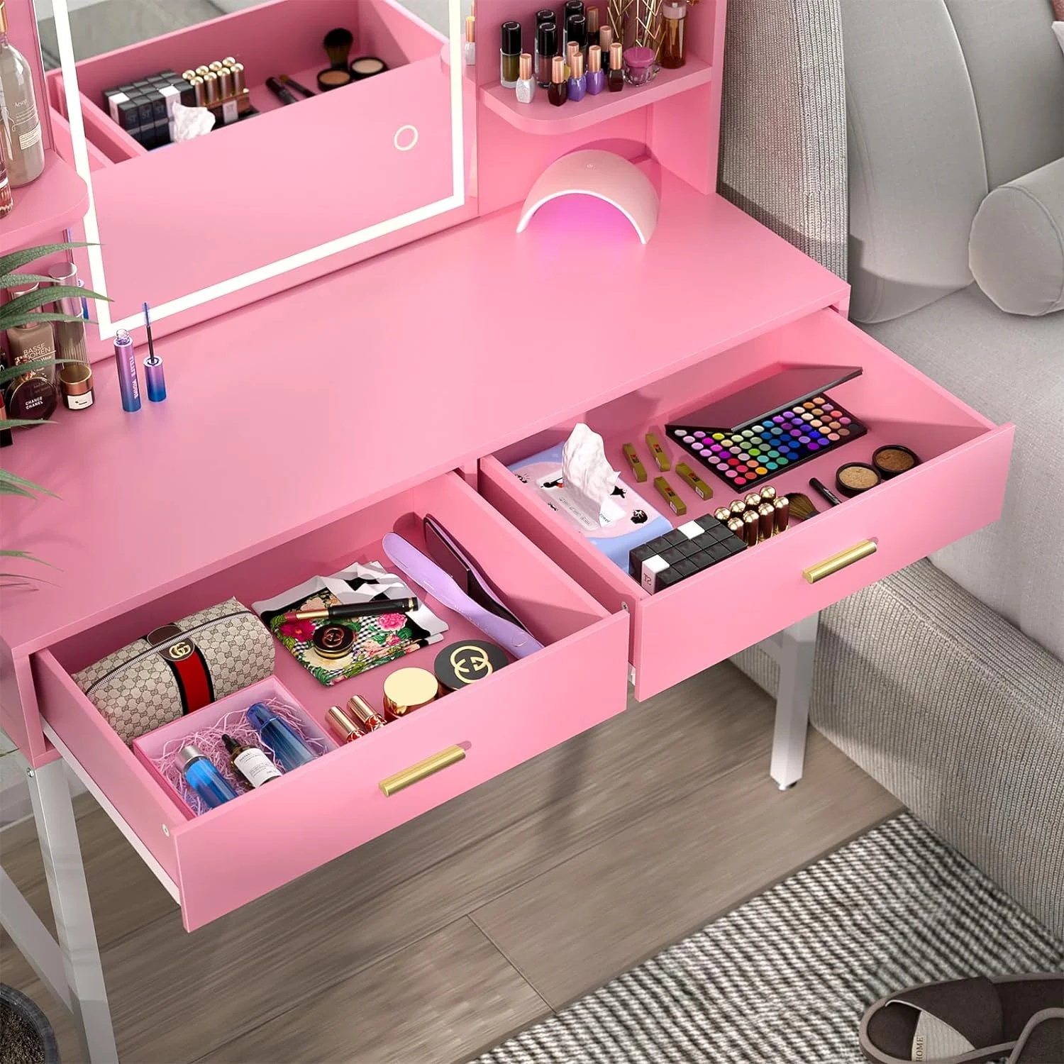 iSunirm Vanity Desk with Mirror and Lights, Makeup Vanity with 2 Drawers, Vanity Table Set with 3 Color Adjustable Lighting Options, Modern Dressing Table with Shelf, for Bedroom, Pink - Image 9