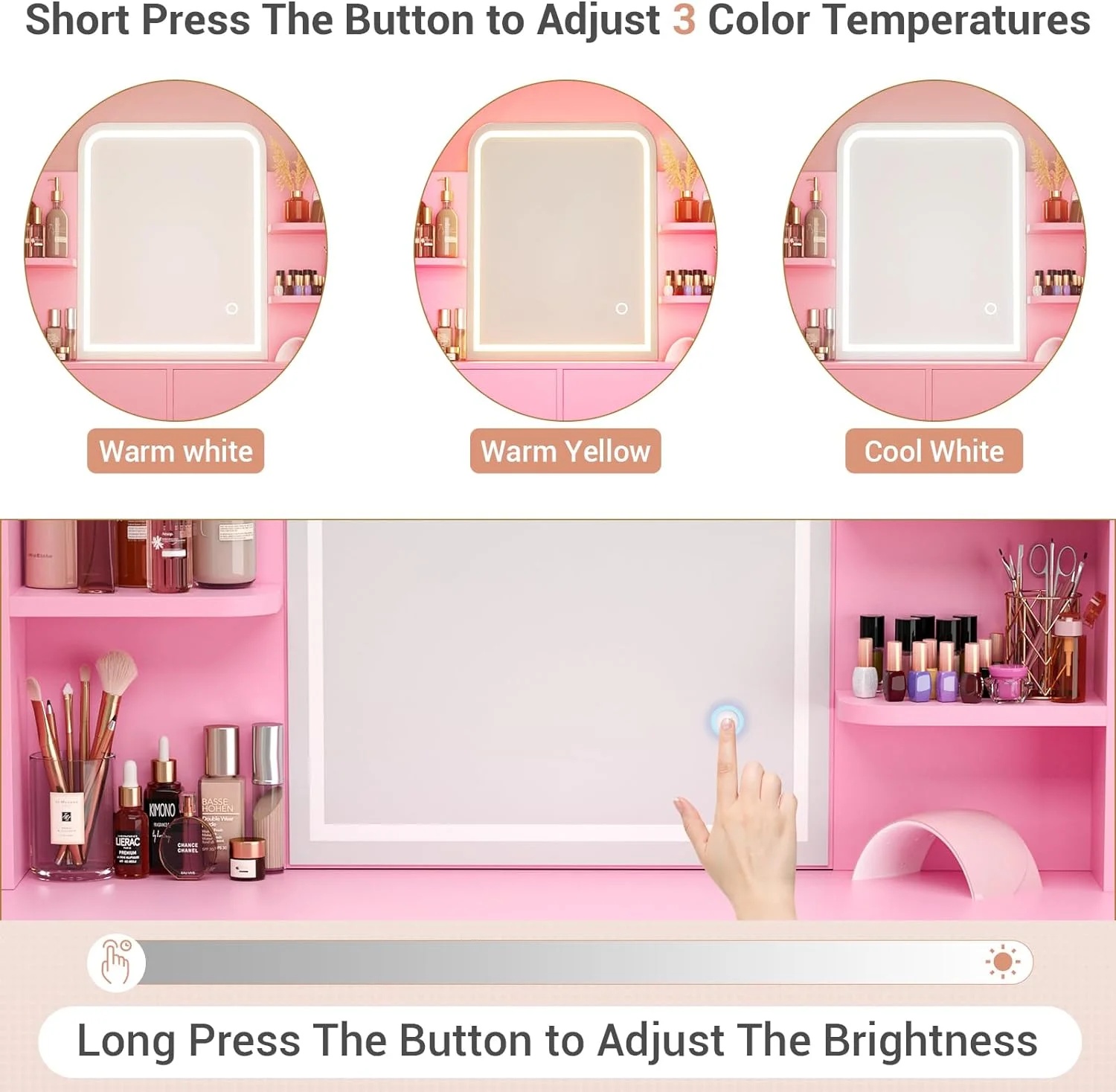 iSunirm Vanity Desk with Mirror and Lights, Makeup Vanity with 2 Drawers, Vanity Table Set with 3 Color Adjustable Lighting Options, Modern Dressing Table with Shelf, for Bedroom, Pink - Image 7