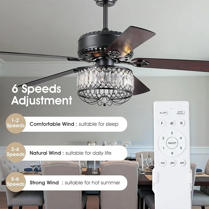 Kviflon 52" Farmhouse Ceiling Fan with Lights & Remote, Crystal Chandelier, Wood Blades, Quiet Motor, 6-Speed, Timer, Modern Lighting for Living Room, Bedroom, Dining Room, Chrome Finish - Image 15
