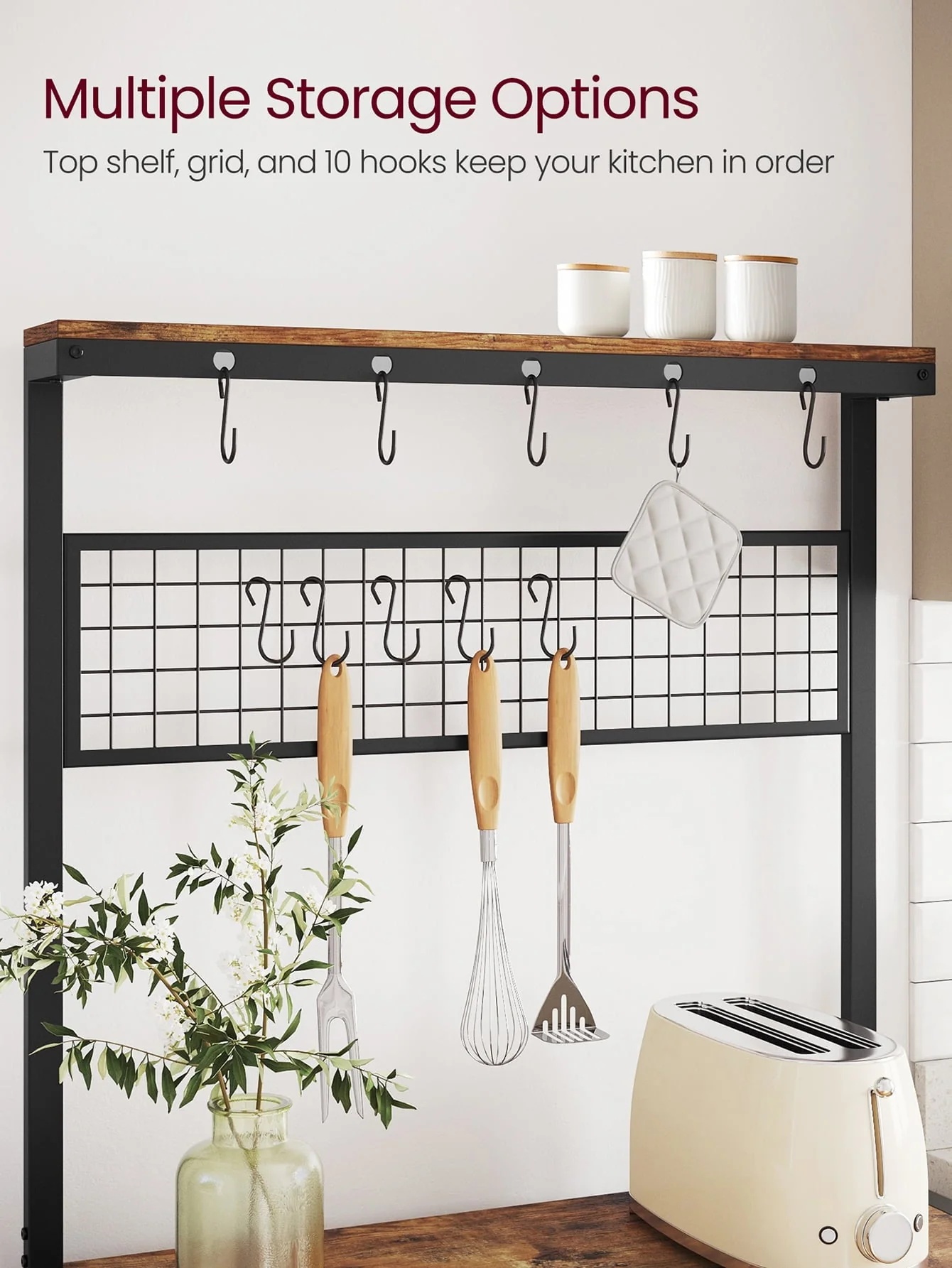 VASAGLE Kitchen Baker's Rack Coffee Bar Storage Shelf Island Rack Microwave Stand with 10 Hooks 3 Shelves Rustic Brown and Black - Image 6