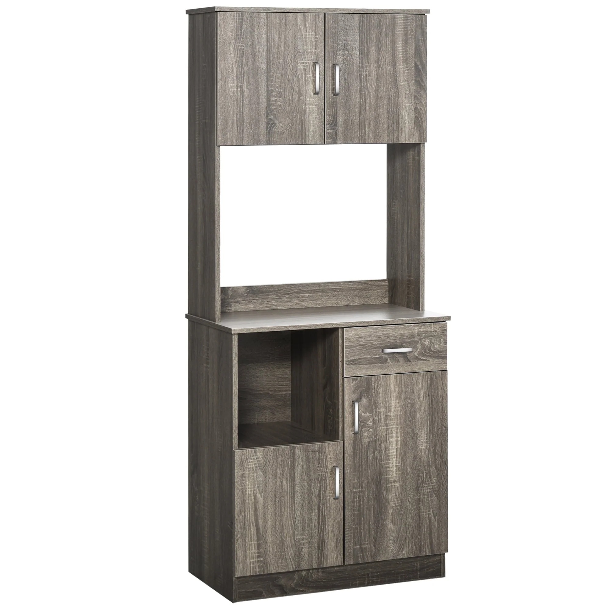 HOMCOM Kitchen Pantry Storage Cabinet with Microwave Stand, Buffet with Hutch, Door Cupboards, Drawer and Adjustable Shelves, Gray