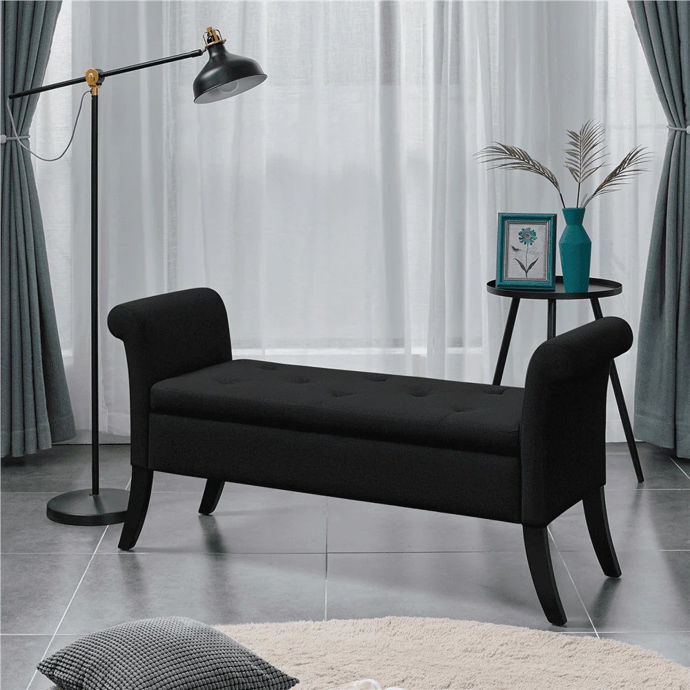 SMILE MART Modern Fabric Tufted Storage Bench with Rolled Arms for Home, Black - Image 2