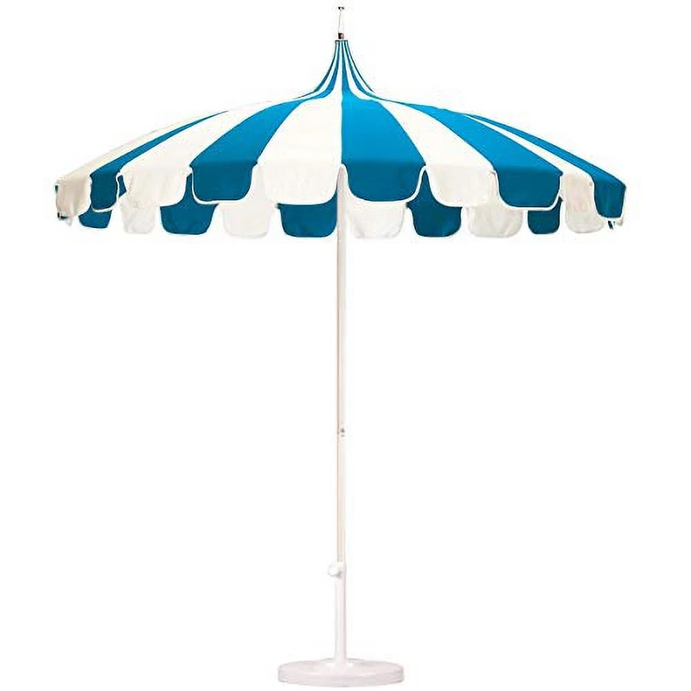 California Umbrella Pagoda Series 8.5 Ft Round Aluminum Pagoda Patio Umbrella W/ Push Lift & Steel Wire Ribs - White Frame / Sunbrella Pacific Blue Stripe Canopy - Image 8