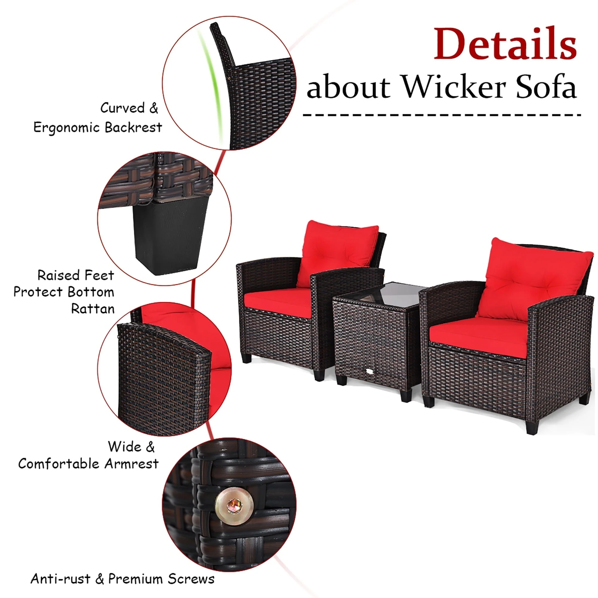 Costway 3PCS Patio Rattan Furniture Set Cushioned Conversation Set Sofa Coffee Table Red - Image 8