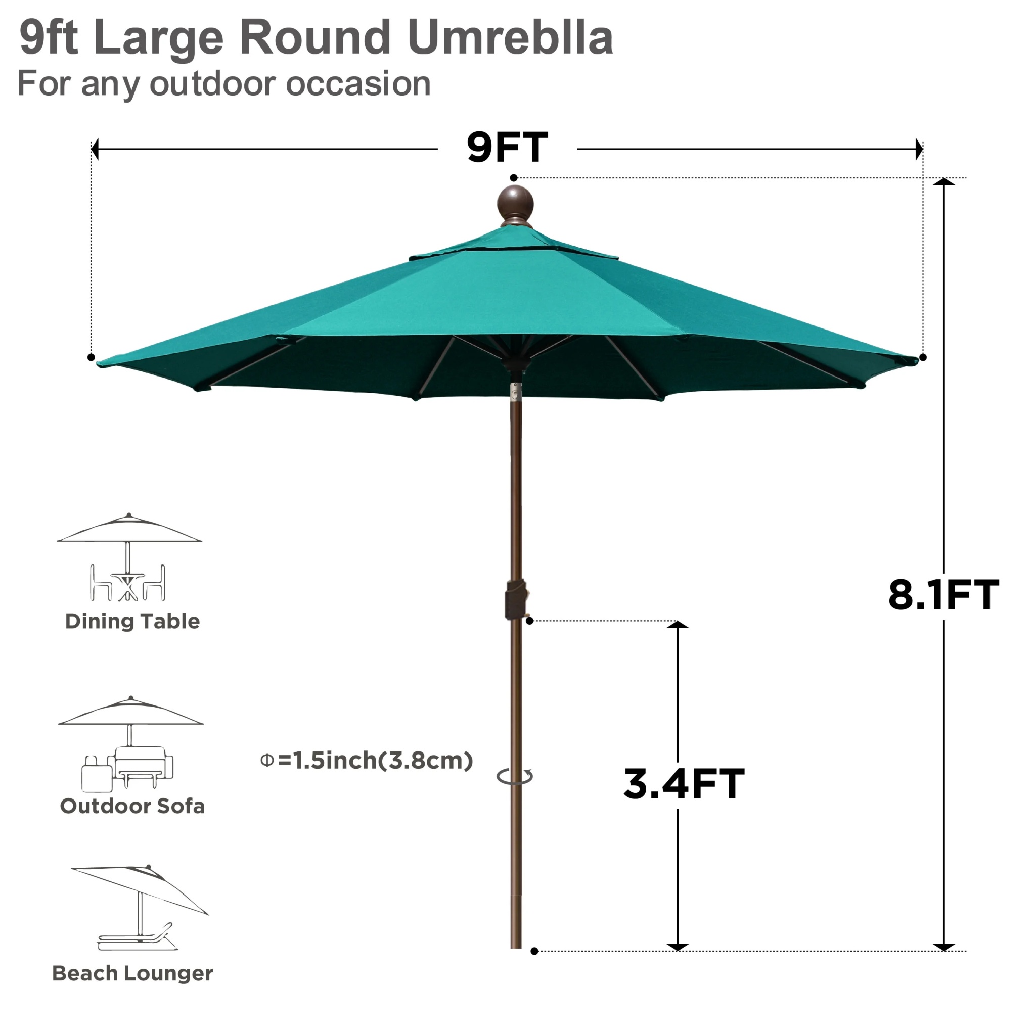 EliteShade 9Ft Market Umbrella Patio Outdoor Table Umbrella-Teal- - Image 2