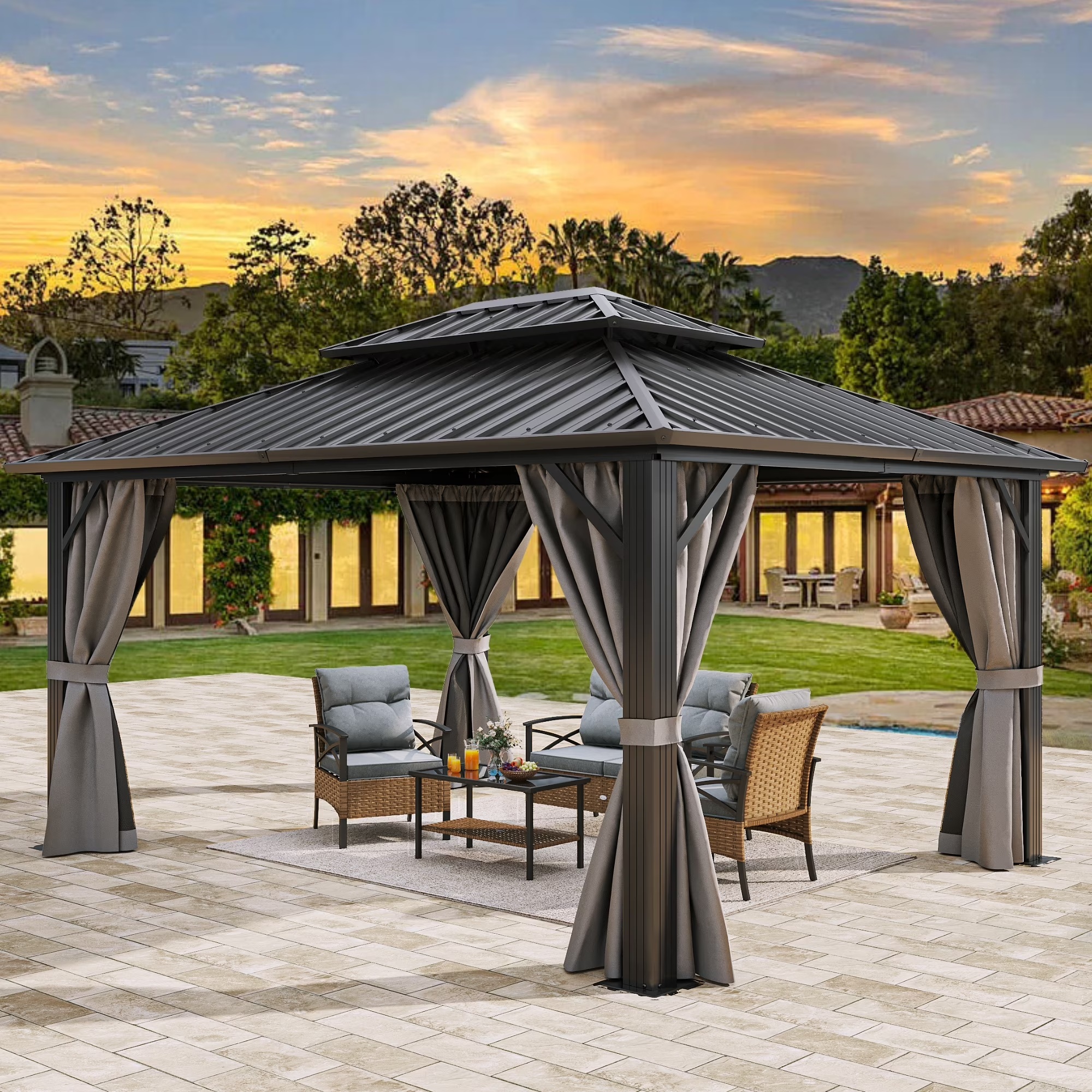 Dextrus 10x12ft Double Roof Hardtop Gazebo with Netting&Curtains, Double Galvanized Iron Aluminum Frame Outdoor White Gazebo,Ideal for Patio, Backyard,Deck and Lawns,Grey Curtain - Image 9