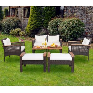 Gymax 7PCS Patio Rattan Sofa Set Outdoor Wicker Conversation Set w/ Coffee Tables