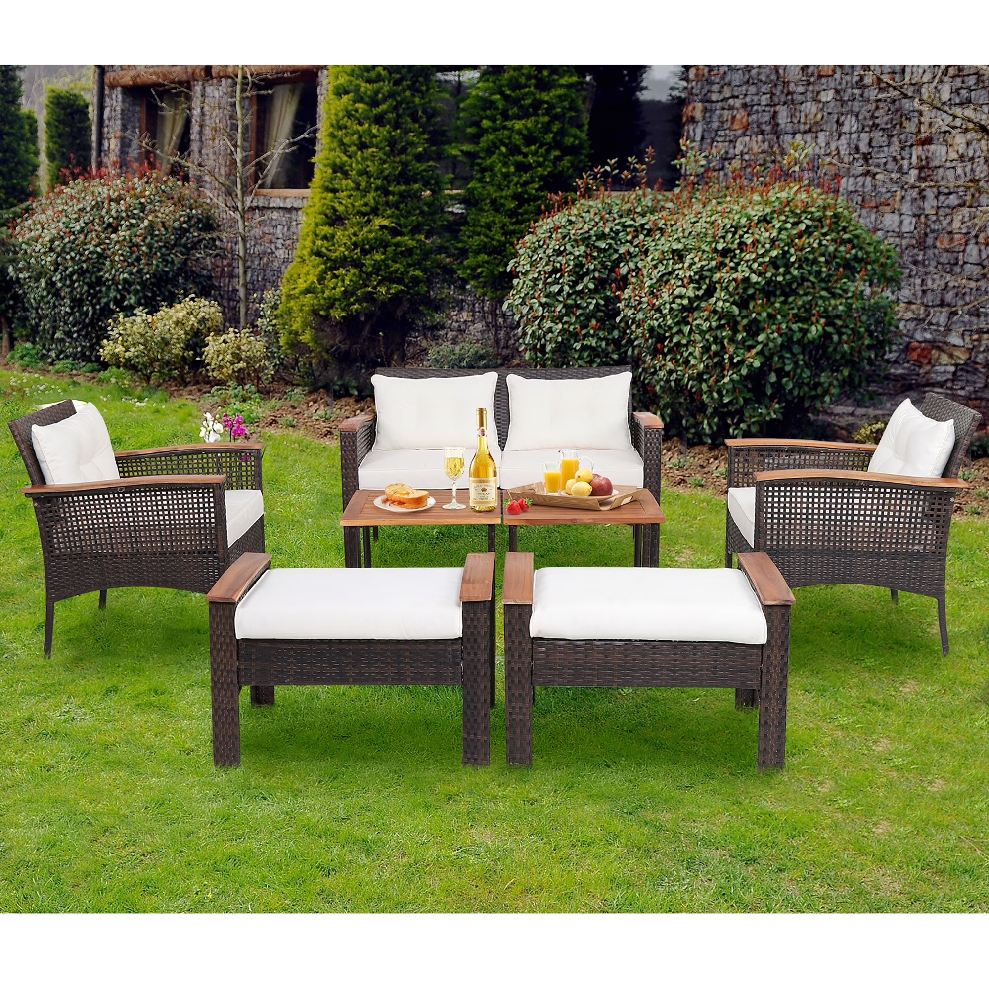 Gymax 7PCS Patio Rattan Sofa Set Outdoor Wicker Conversation Set w/ Coffee Tables