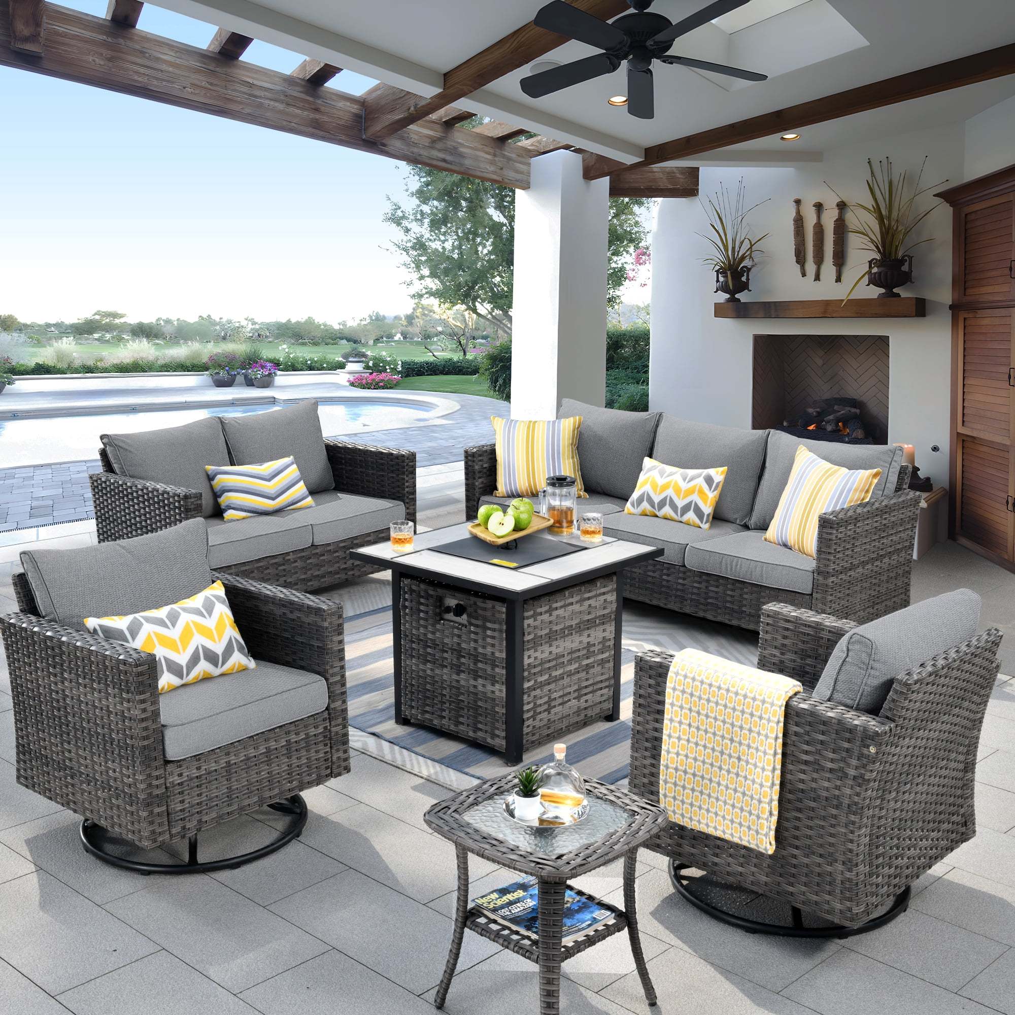 Ovios 6 Pieces Outdoor Patio Furniture Set with Gas Propane Fire Pit Table Wicker Outdoor Conversation Set with Swivel Rocking Chair for Backyard, Cushion Beige - Image 34