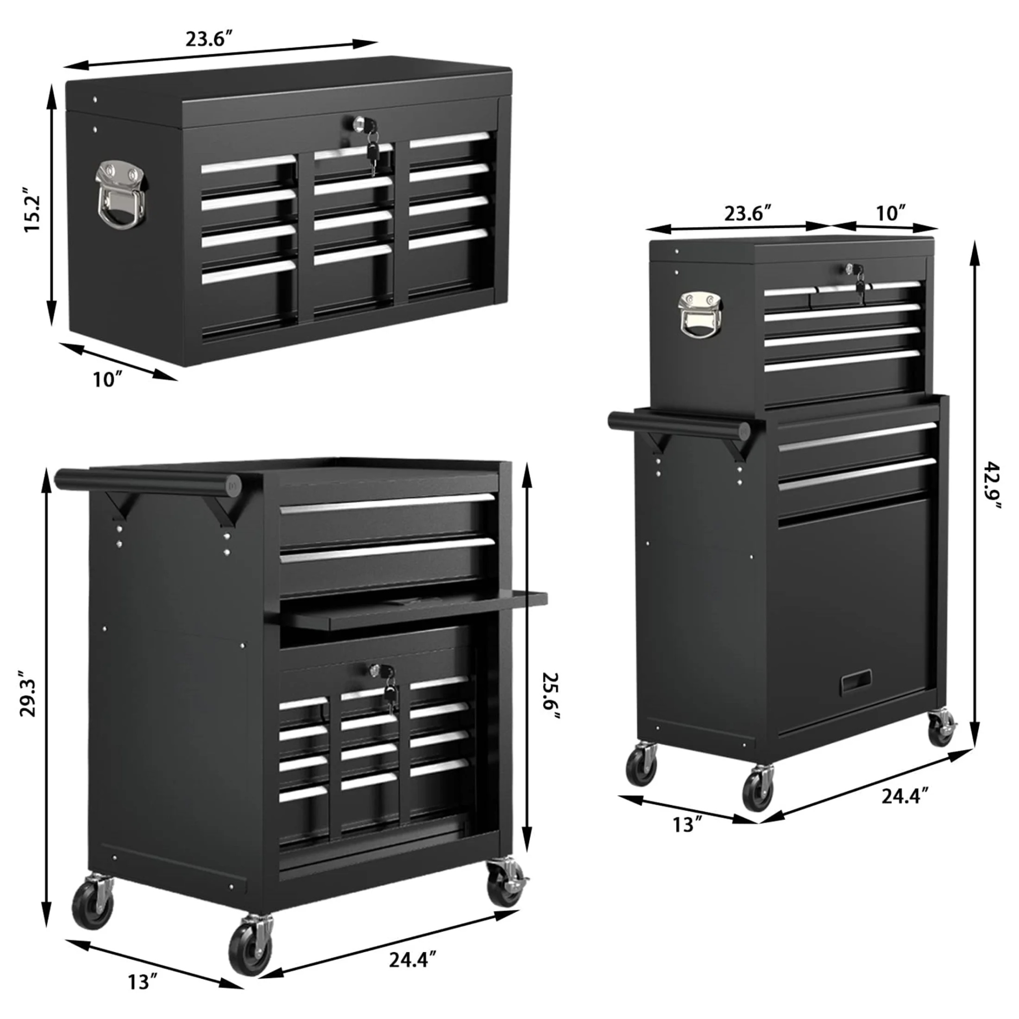 Aukfa Tool Box, 2 in 1 Steel Rolling Tool Chest & Cabinet on Wheels for Garage, 8-Drawers, Black - Image 2