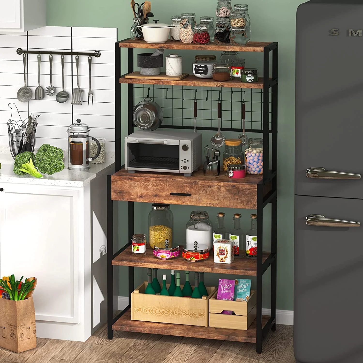 Tribesigns Kitchen Bakers Rack with Hutch, 5-Tier Kitchen Utility Storage Shelf with Hutch and 8 S-Hooks, Vintage Brown - Image 3