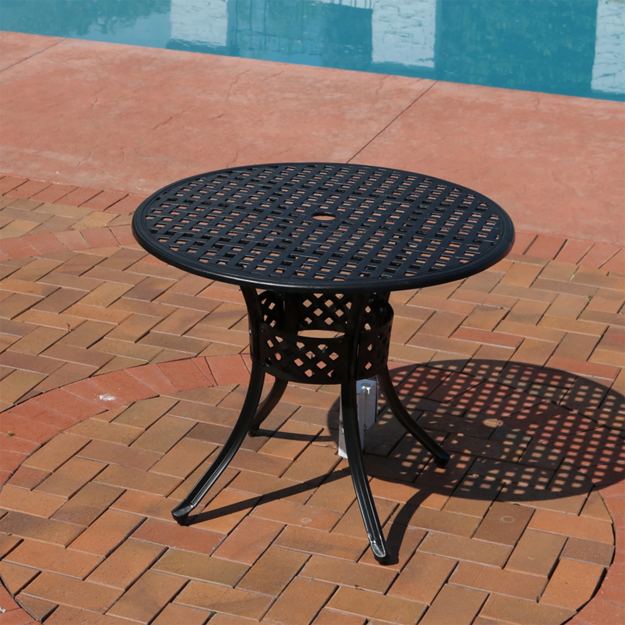 Sunnydaze Decorative Lattice 33" Round Cast Aluminum Outdoor Dining Table with Umbrella Hole - Image 2