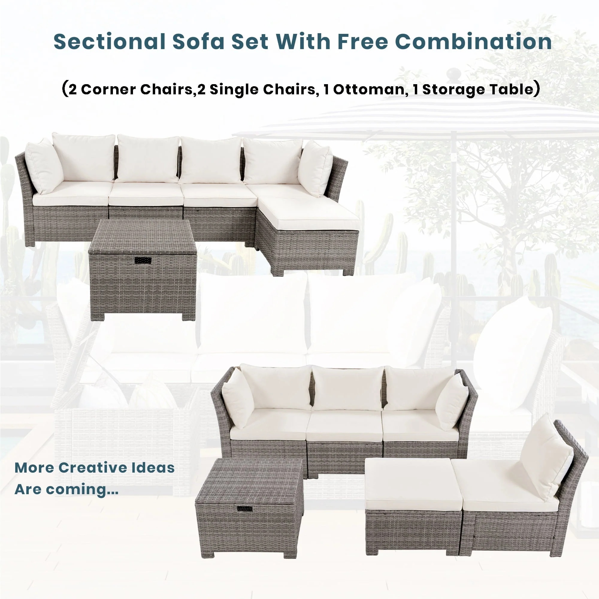 Euroco 6-Piece Outdoor Sofa Set with Storage Box, PE Wicker Seating Set for 5, Beige - Image 2