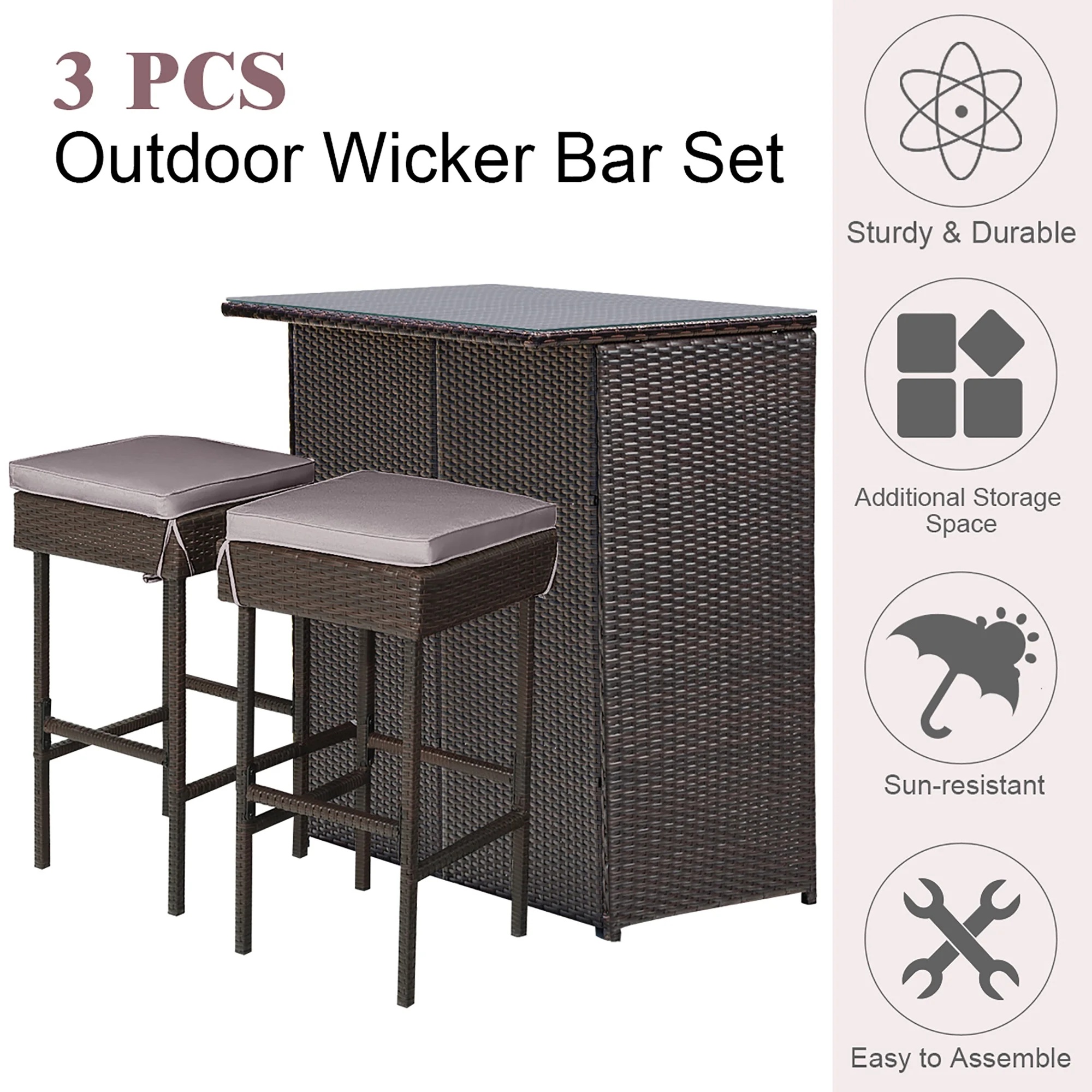 Costway Patio 3PCS Rattan Bar Table Stool Set Cushioned Chairs with Gray & Off white Cover - Image 6