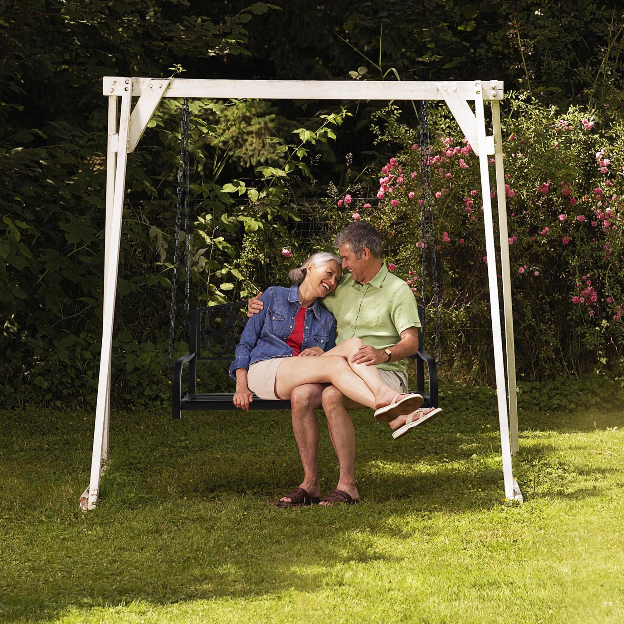 Gymax Patio Hanging Porch Swing 2-Person Outdoor Metal Swing Bench Chair w/ Chains Brown - Image 14