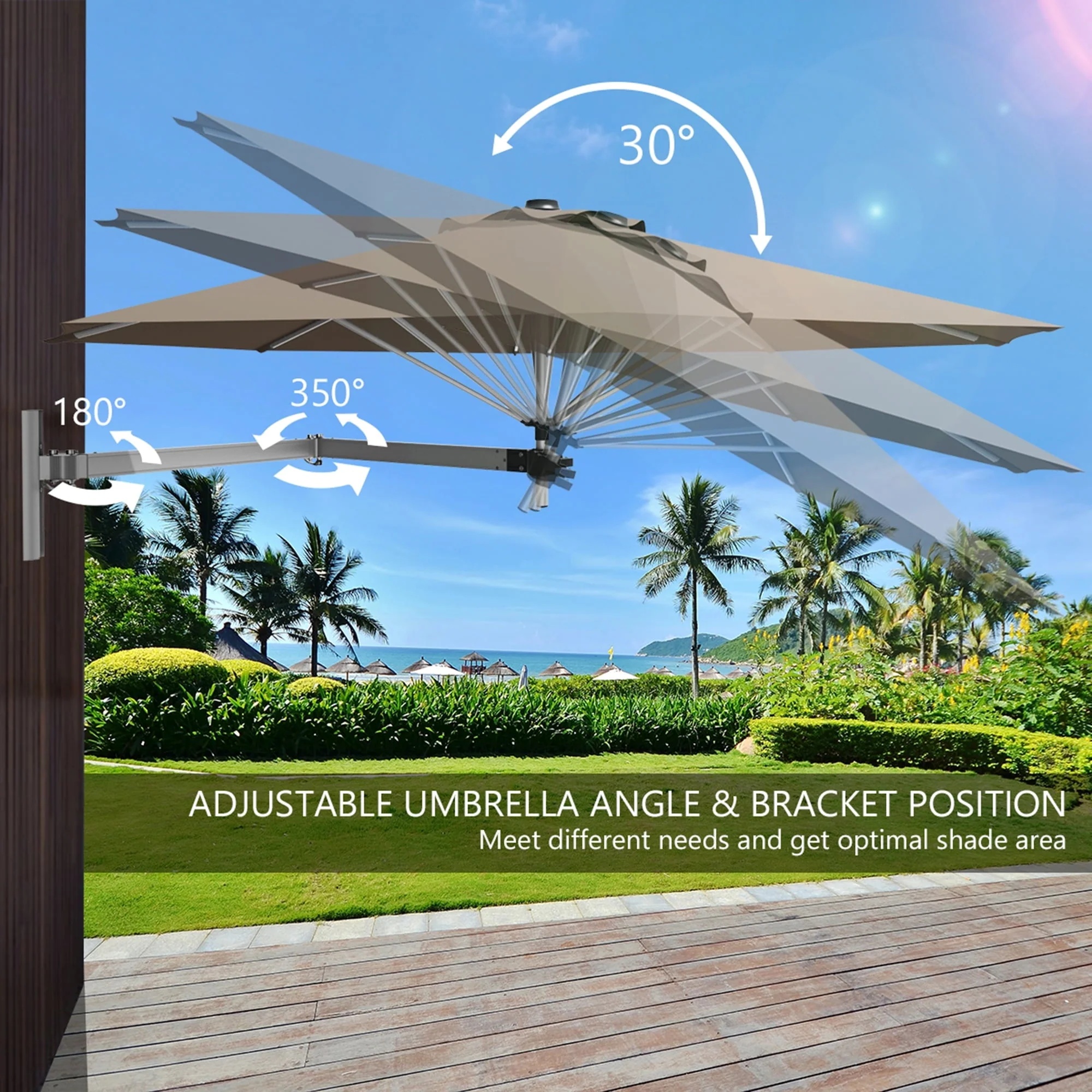 Gymax 8FT Patio Wall Mounted Cantilever Umbrella Parsol w/ Adjustable Pole Tan - Image 7