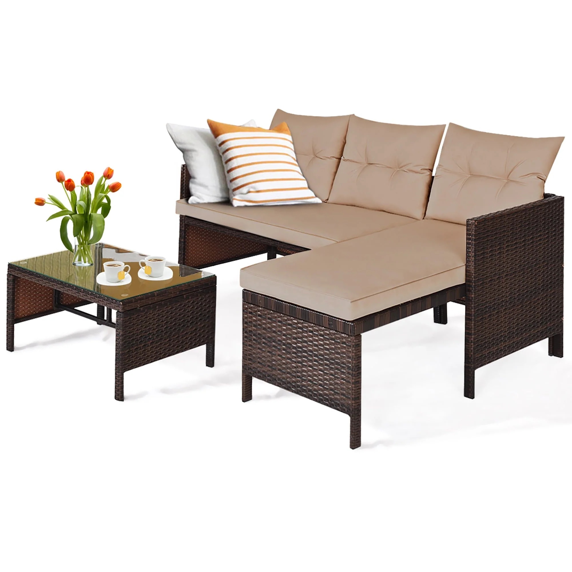 Costway 3PCS Patio Wicker Rattan Sofa Set Outdoor Sectional Conversation Set Garden Lawn Brown - Image 3