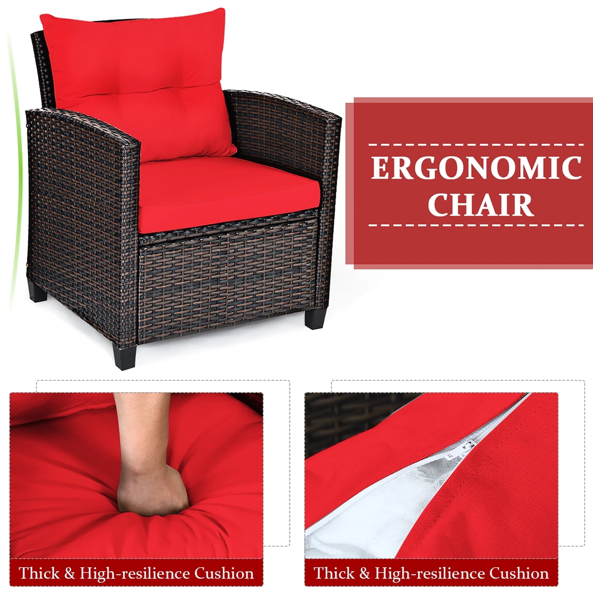 Costway 3PCS Patio Rattan Furniture Set Cushioned Conversation Set Sofa Coffee Table Red - Image 10