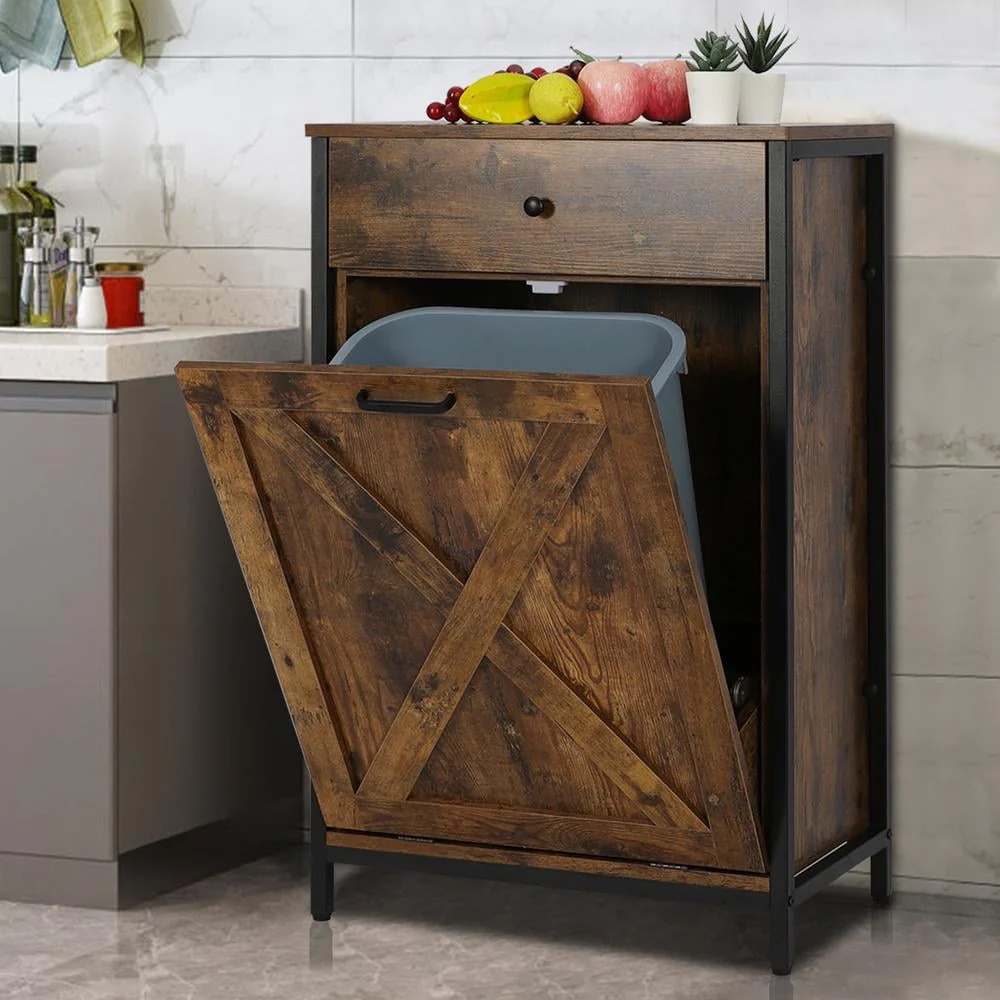 Eclife 10 Gallons Tilt Out Trash Cabinet Freestanding Floor Rustic Solid Wood Barn Door and Storage Drawer Kitchen Island