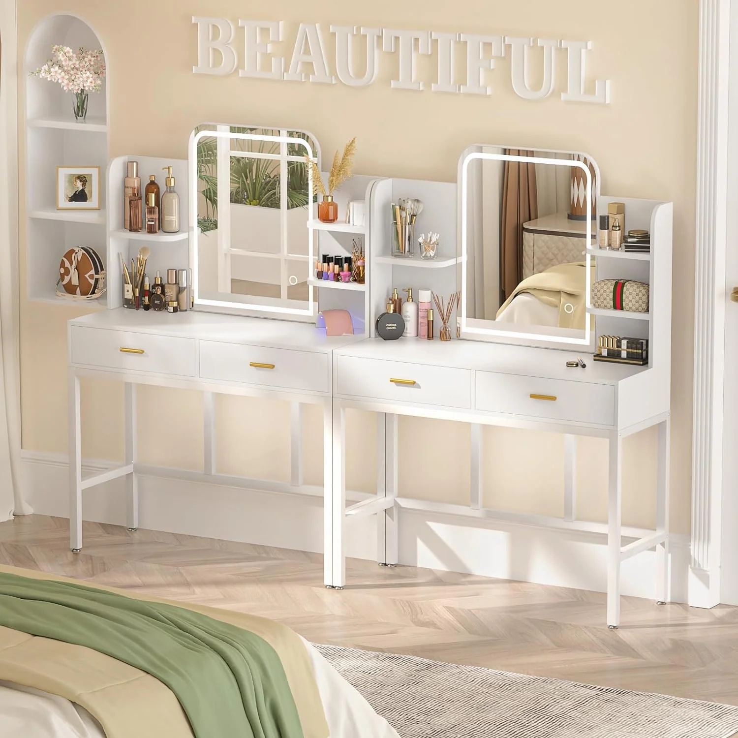 iSunirm Vanity Desk with Mirror and Lights, Makeup Vanity with 2 Drawers, Vanity Table Set with 3 Color Adjustable Lighting Options, Modern Dressing Table with Shelf, for Bedroom, Pink - Image 17