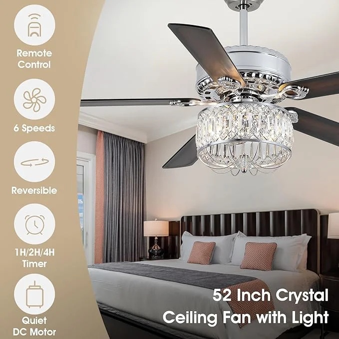 Kviflon 52" Farmhouse Ceiling Fan with Lights & Remote, Crystal Chandelier, Wood Blades, Quiet Motor, 6-Speed, Timer, Modern Lighting for Living Room, Bedroom, Dining Room, Chrome Finish - Image 6