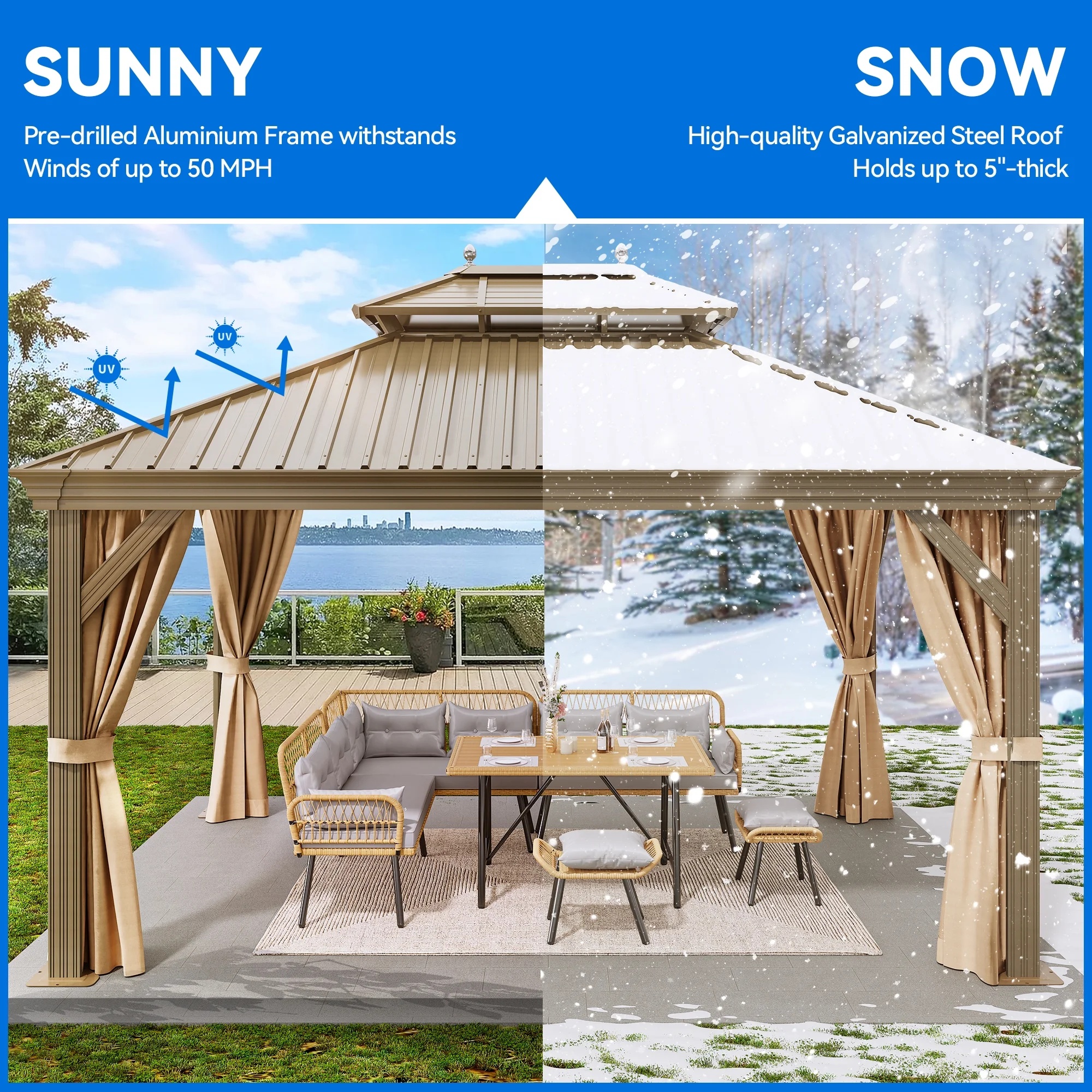 Dextrus 10x12ft Double Roof Hardtop Gazebo with Netting&Curtains, Double Galvanized Iron Aluminum Frame Outdoor White Gazebo,Ideal for Patio, Backyard,Deck and Lawns,Grey Curtain - Image 14