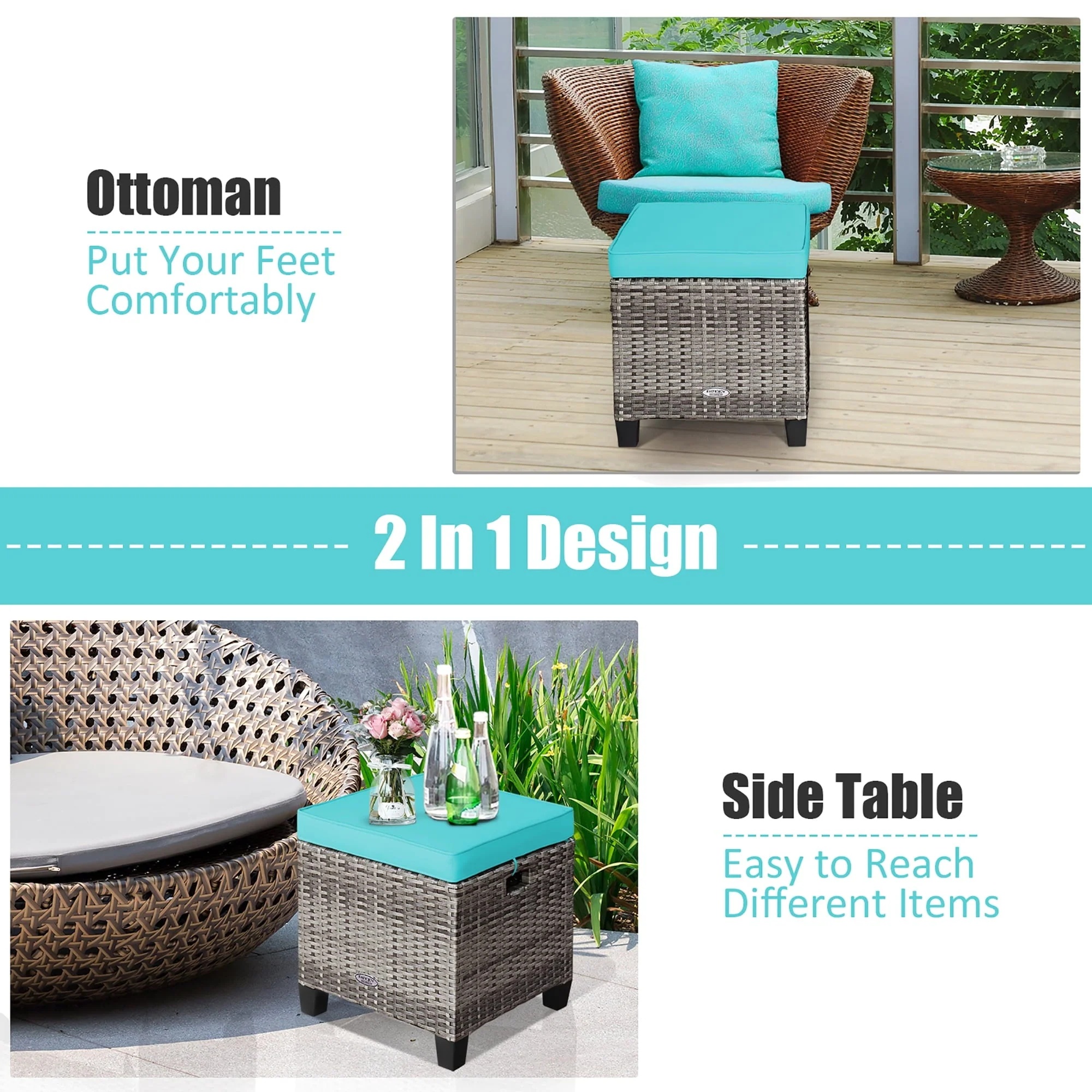 Costway 2PCS Patio Rattan Cushioned Ottoman Seat Foot Rest TableTurquoise - Image 9