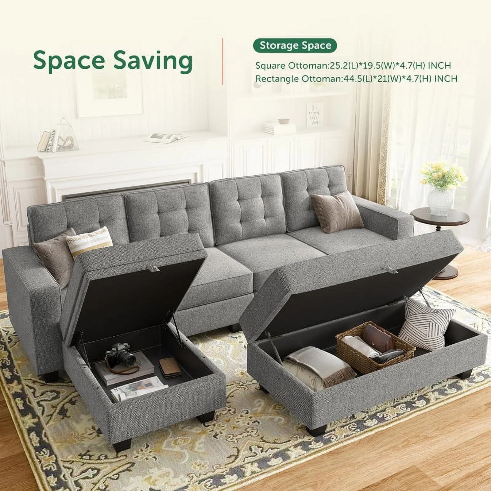 HONBAY Convertible Sectional Sleeper Sofa Bed Sets with Storage and Reversible Chaise, Light Grey - Image 8