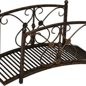 Metal Arch Zen Garden Bridge with Safety Siderails, Decorative Footbridge, Delicate Floral Scrollwork for Stream, Fish Pond, Brown