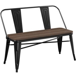 SMILE MART Industrial Metal Dining Bench with Wooden Top for Patio Kitchen Garden, Black