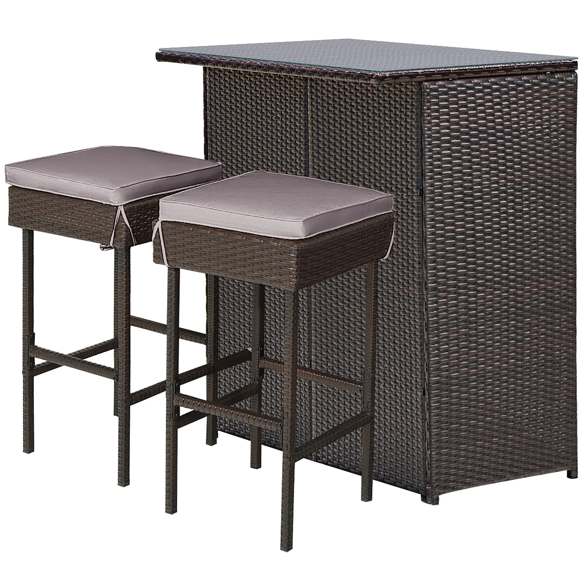 Costway Patio 3PCS Rattan Bar Table Stool Set Cushioned Chairs with Gray & Off white Cover - Image 11