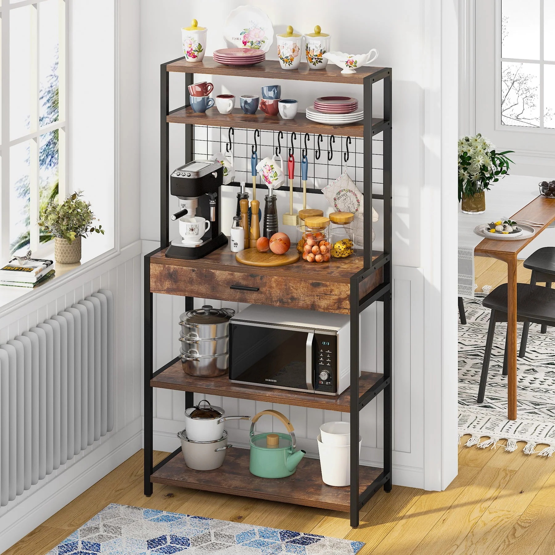 Tribesigns Kitchen Bakers Rack with Hutch, 5-Tier Kitchen Utility Storage Shelf with Hutch and 8 S-Hooks, Vintage Brown - Image 7