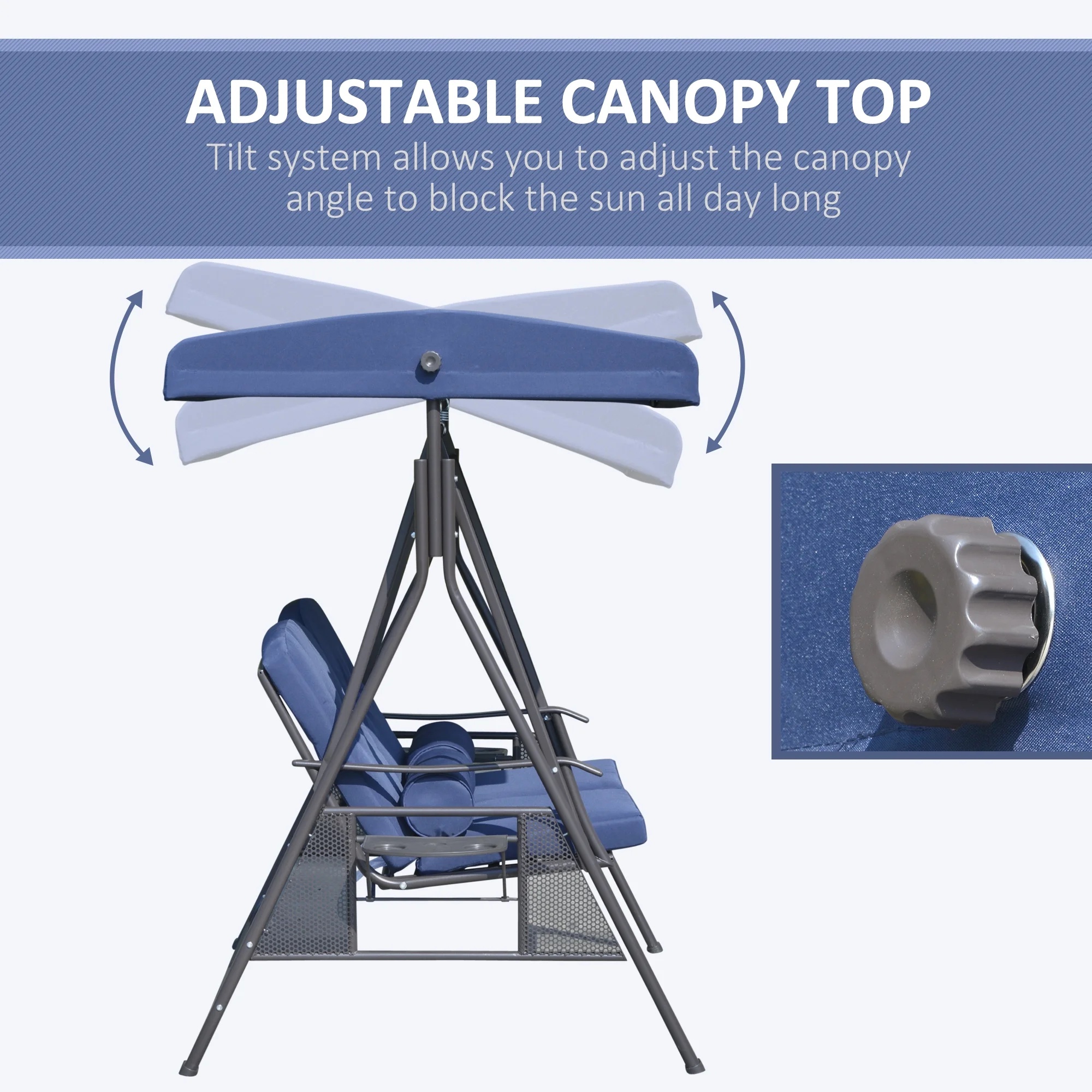 Outsunny 2-Person Patio Swing Bench with Adjustable Shade Canopy, Soft Cushions, Throw Pillows and Tray, Beige. - Image 12
