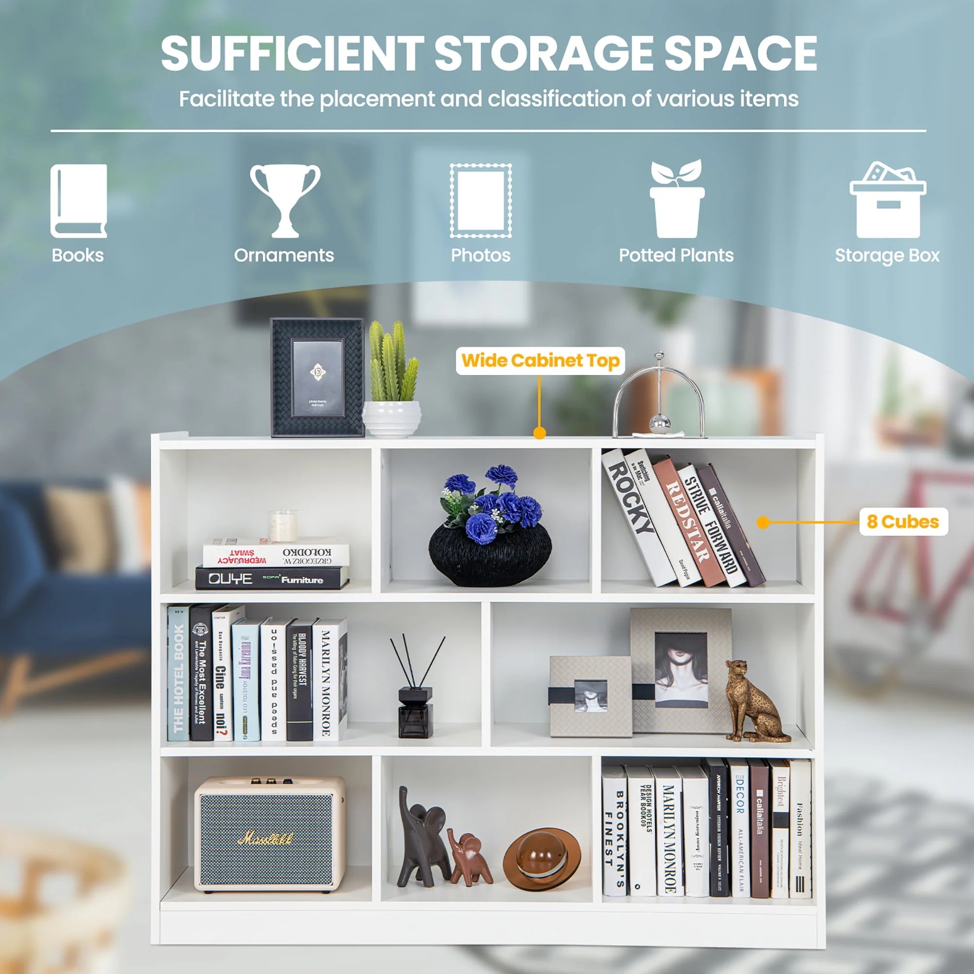 Costway 3-tier Open Bookcase 8-Cube Floor Standing Storage Shelves Display Cabinet White - Image 5