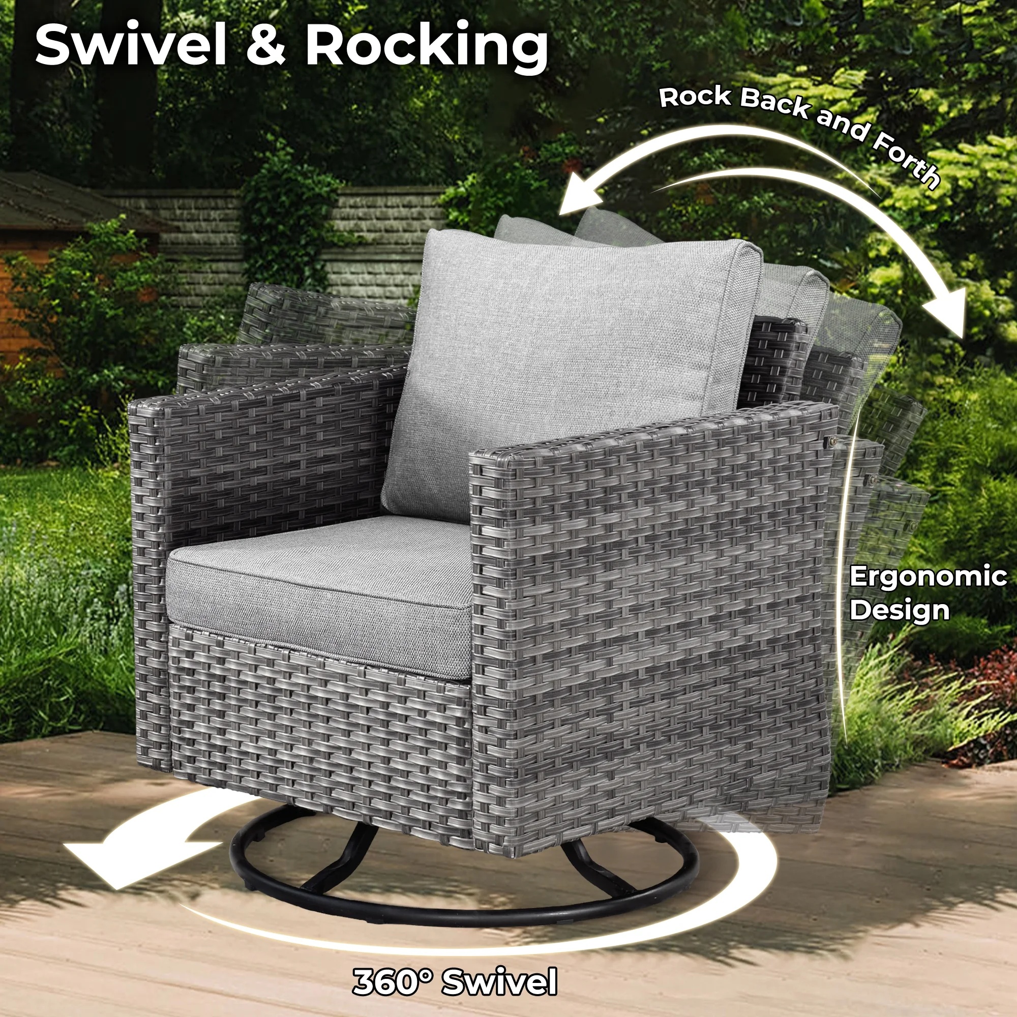 Ovios 11 Pieces Patio Fire Pit Set Outdoor Wicker Sectional Sofa Conversation Set with Swivel Rocking Chairs and Side Table,Dark Gray - Image 10